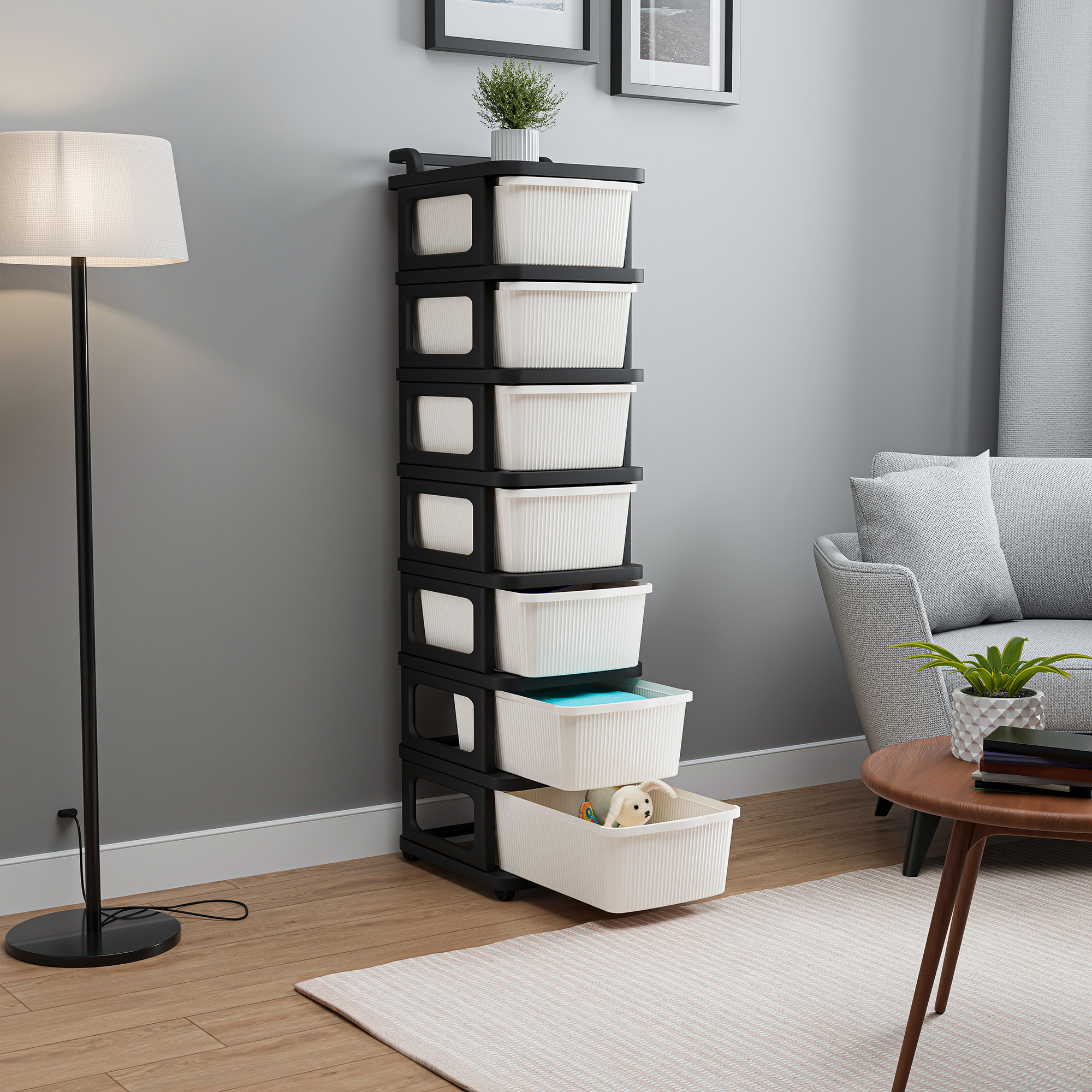 Kuber Industries 4 Layer Storage Rack with Wheels  Modular Drawers Organiser for Bedroom Office Home Cosmetics Kitchen items Toys  White  Black