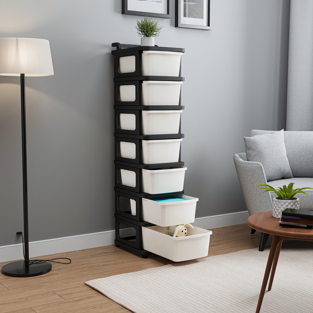Image of Storage Rack with Wheels | Modular Drawers Organiser for Bedroom, Office, Home, Cosmetics, Kitchen items, Toys | White &amp; Black