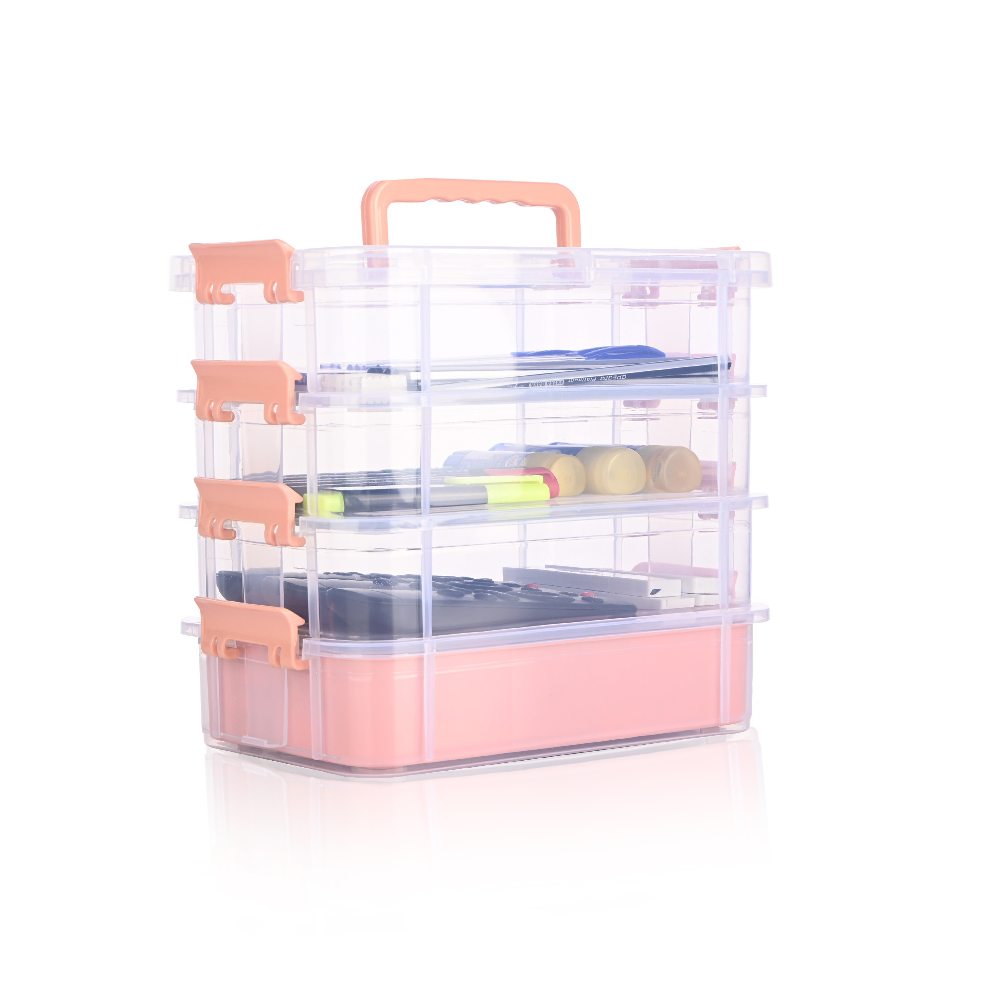 Kuber Industries 4-Layer Transparent Stackable Storage Box with Lid  Medicine  Stationary Organizers Box for Home  Detachable Organizer for Jewellery Sewing Button Arts  Crafts  Peach