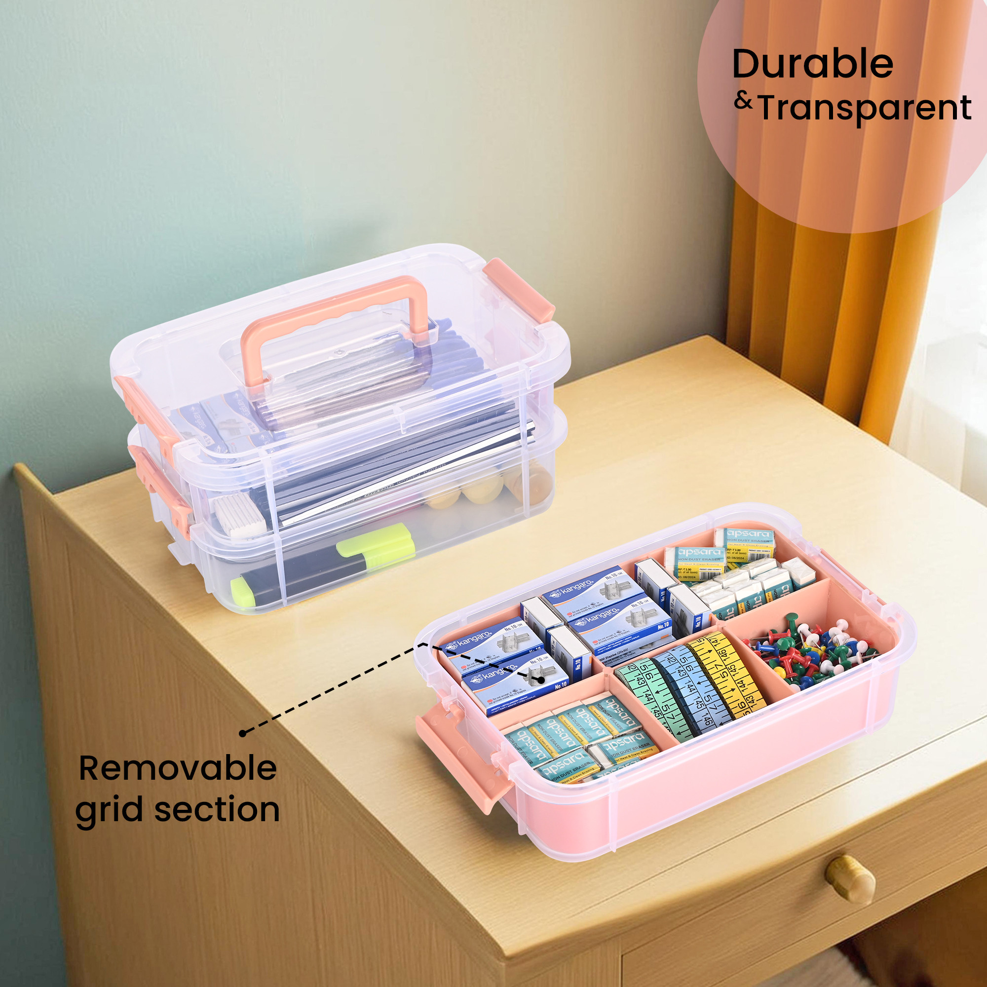 Kuber Industries 4-Layer Transparent Stackable Storage Box with Lid  Medicine  Stationary Organizers Box for Home  Detachable Organizer for Jewellery Sewing Button Arts  Crafts  Peach