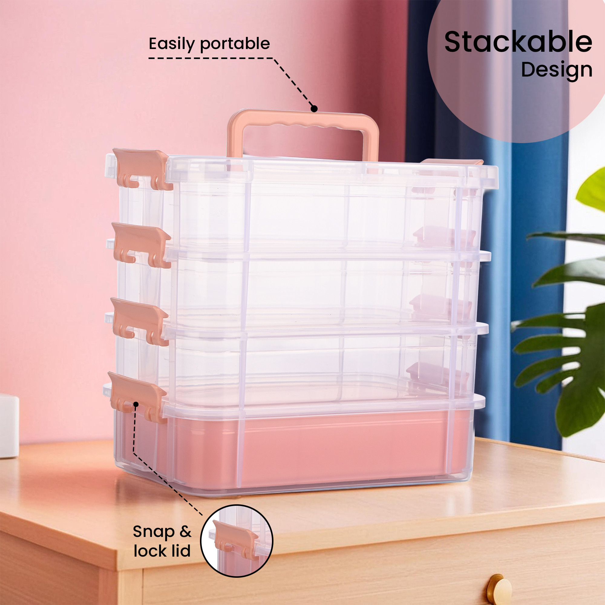 Kuber Industries 4-Layer Transparent Stackable Storage Box with Lid  Medicine  Stationary Organizers Box for Home  Detachable Organizer for Jewellery Sewing Button Arts  Crafts  Peach