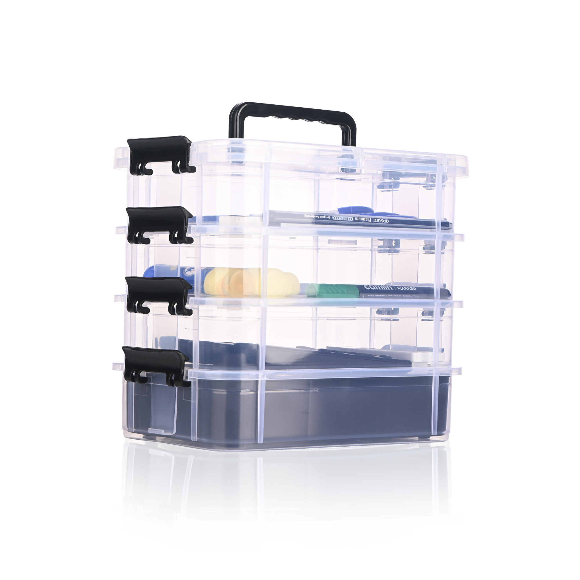 Kuber Industries 4-Layer Transparent Stackable Storage Box with Lid  Medicine  Stationary Organizers Box for Home  Detachable Organizer for Jewellery Sewing Button Arts  Crafts  Black