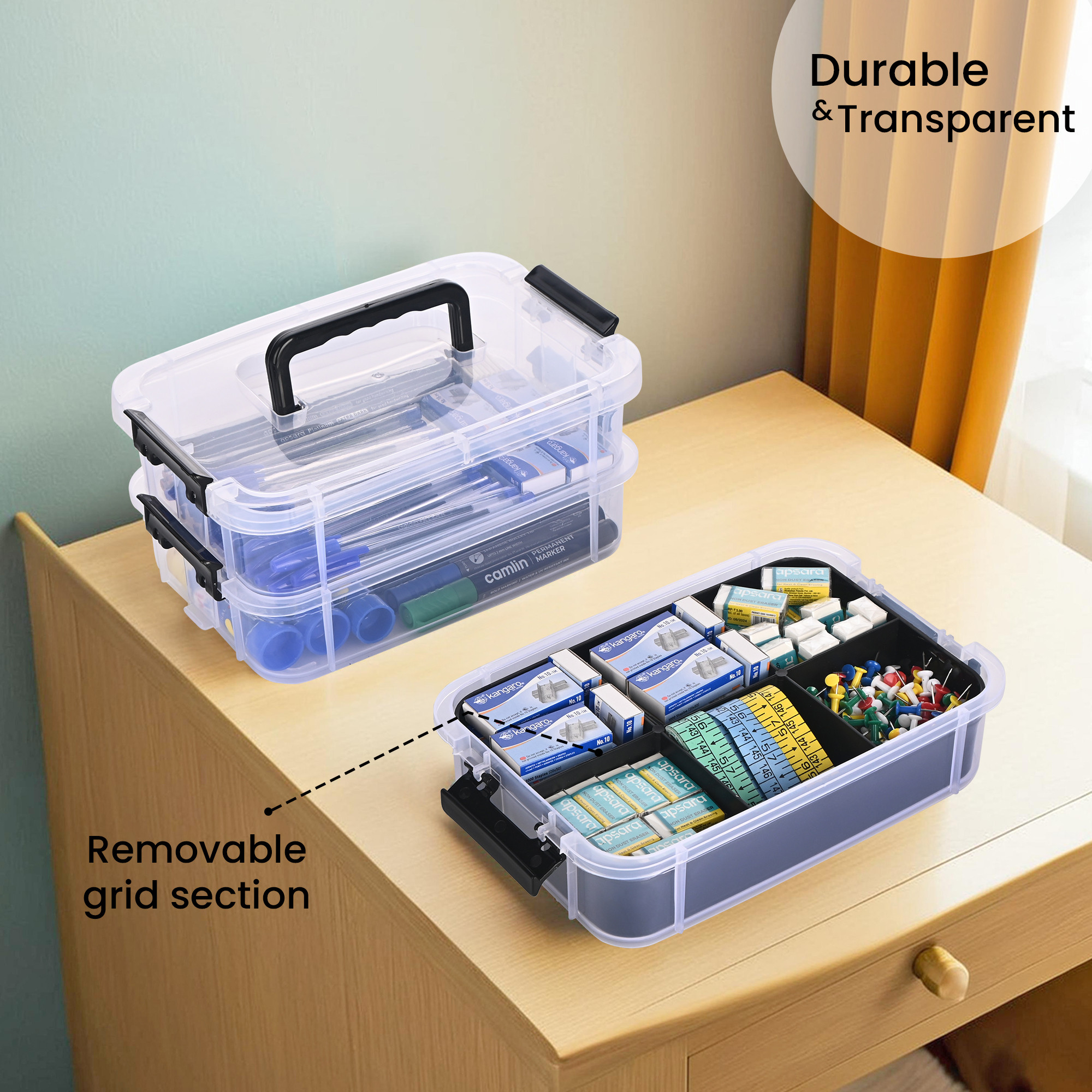 Kuber Industries 4-Layer Transparent Stackable Storage Box with Lid  Medicine  Stationary Organizers Box for Home  Detachable Organizer for Jewellery Sewing Button Arts  Crafts  Black