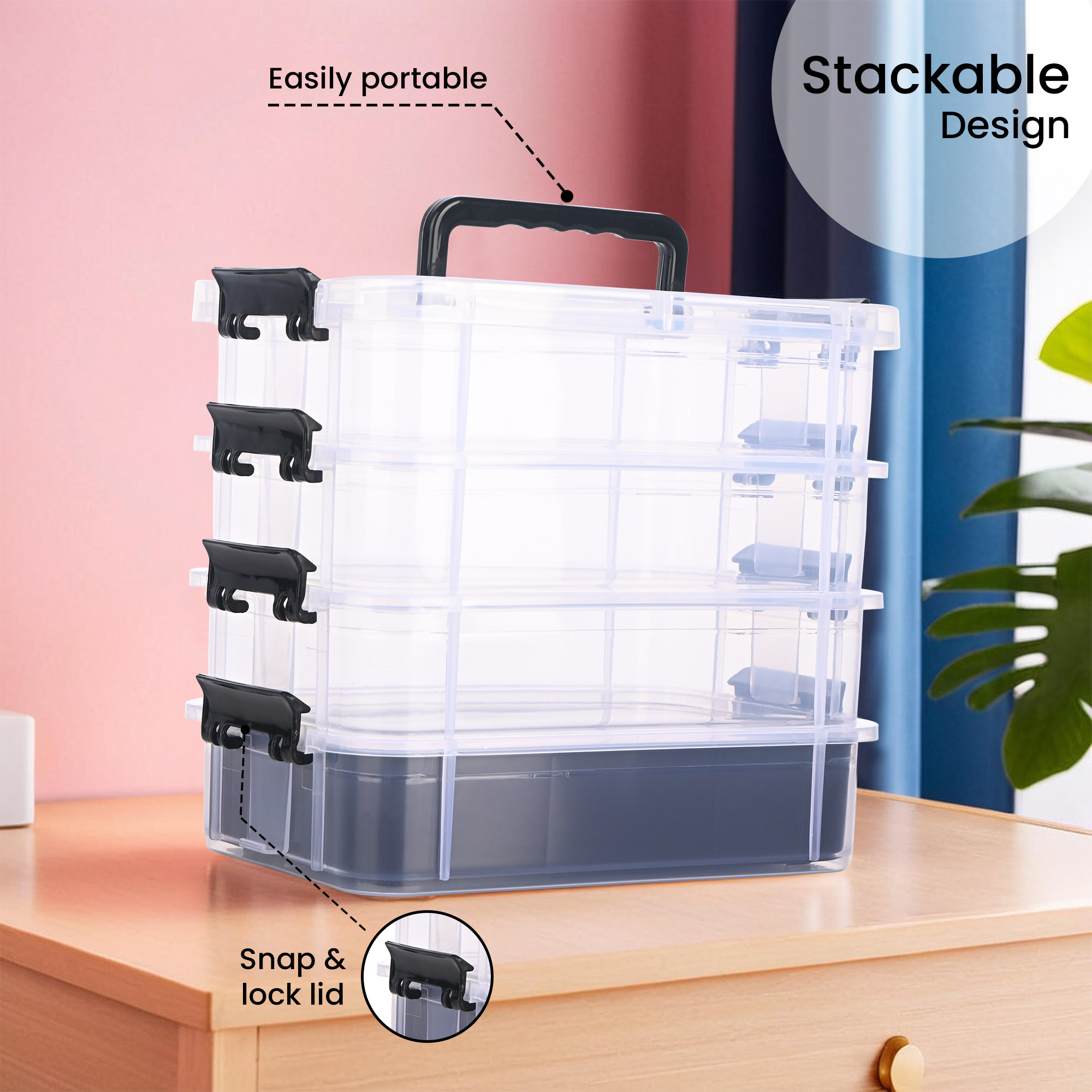 Kuber Industries 4-Layer Transparent Stackable Storage Box with Lid  Medicine  Stationary Organizers Box for Home  Detachable Organizer for Jewellery Sewing Button Arts  Crafts  Black