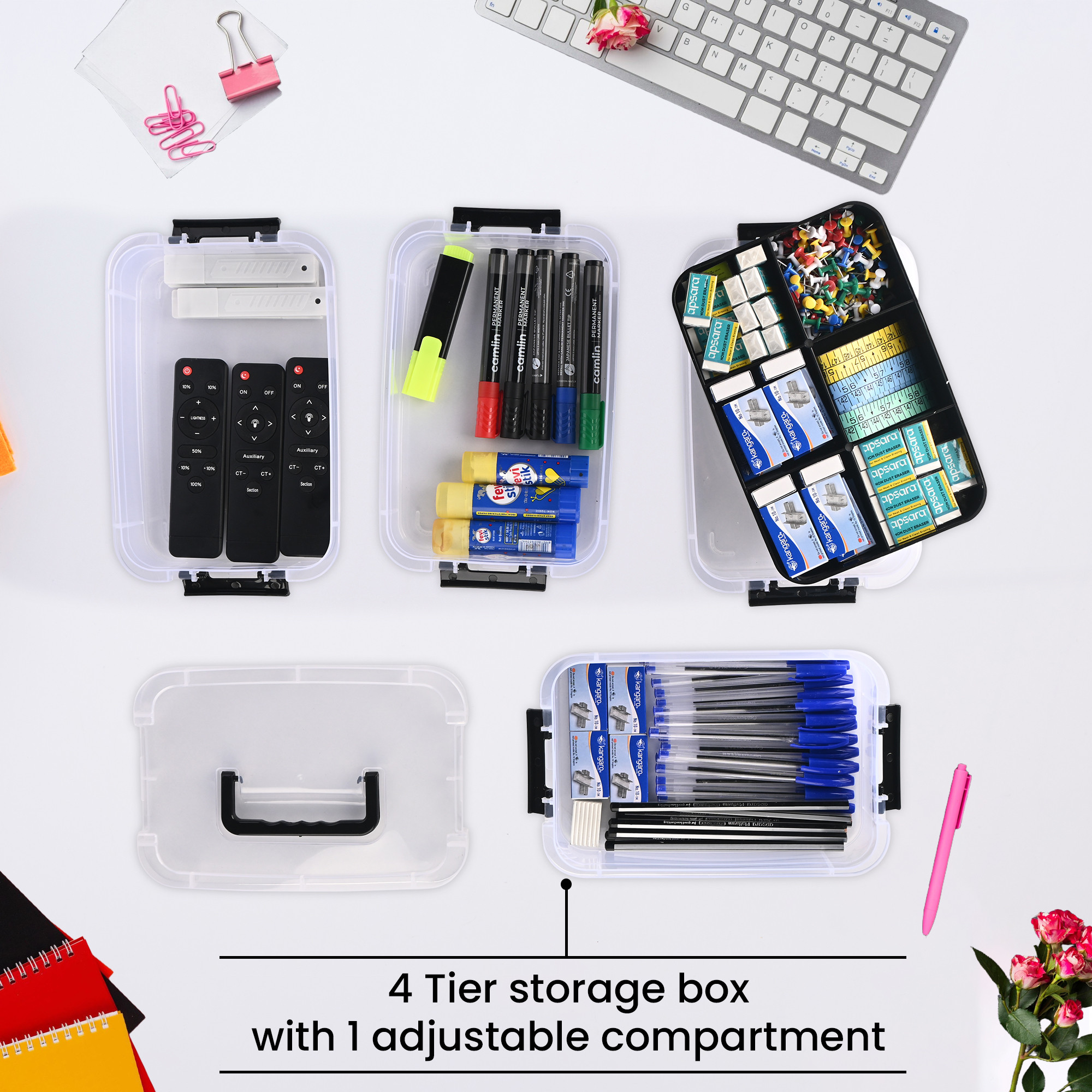 Kuber Industries 4-Layer Transparent Stackable Storage Box with Lid  Medicine  Stationary Organizers Box for Home  Detachable Organizer for Jewellery Sewing Button Arts  Crafts  Black