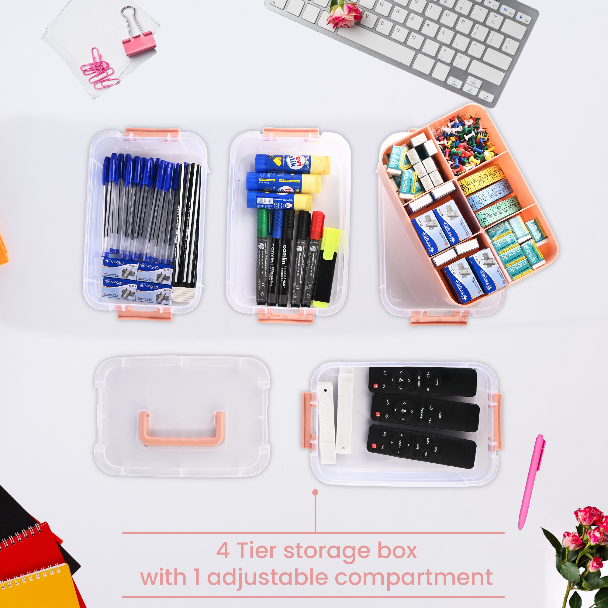Kuber Industries 4-Layer Transparent Stackable Storage Box with Lid  Medicine  Stationary Organizers Box for Home  Detachable Organizer for Jewellery Sewing Button Arts  Crafts  Peach
