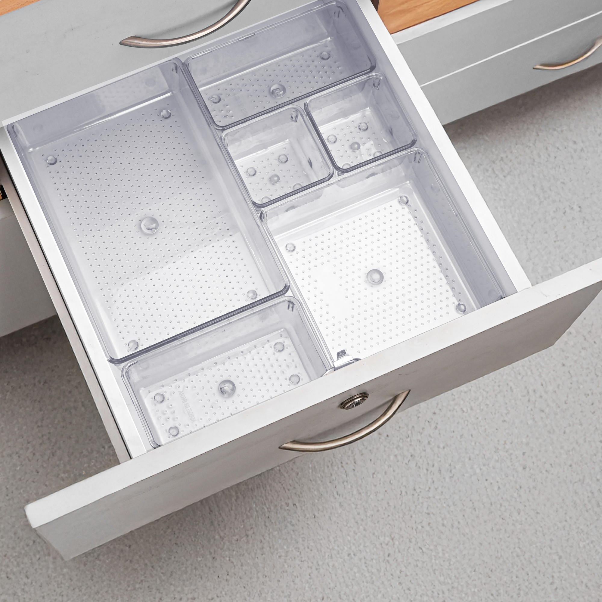 Kuber Industries 4 Pcs Acrylic Transparent Cosmetic Organizer Tray  Drawers Organisers for Kitchen Office and Bathroom Vanity Makeup  Stationery Storage Drawer Divider Tray  Trasnaprent