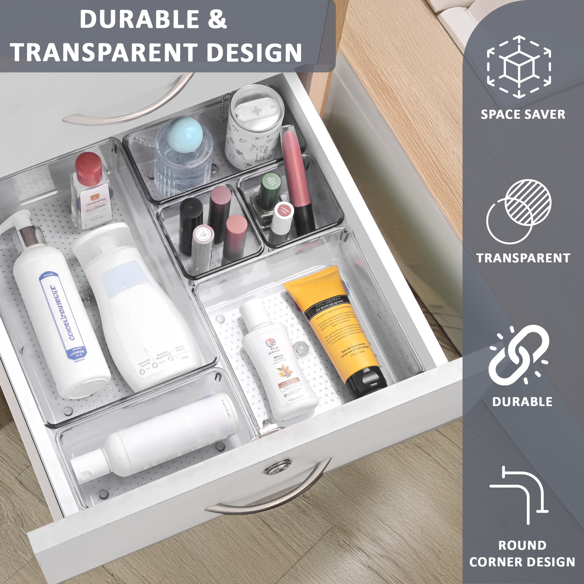 Kuber Industries 4 Pcs Acrylic Transparent Cosmetic Organizer Tray  Drawers Organisers for Kitchen Office and Bathroom Vanity Makeup  Stationery Storage Drawer Divider Tray  Trasnaprent