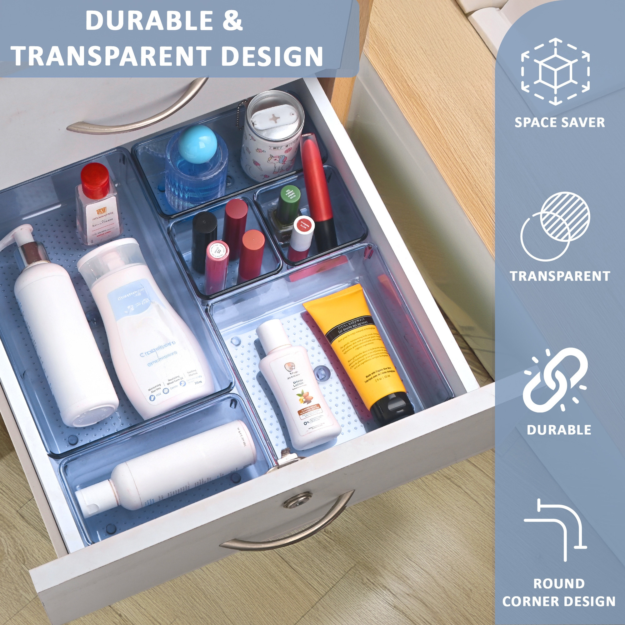 Kuber Industries 4 Pcs Acrylic Transparent Cosmetic Organizer Tray  Drawers Organisers for Kitchen Office and Bathroom Vanity Makeup  Stationery Storage Drawer Divider Tray  Sea Blue