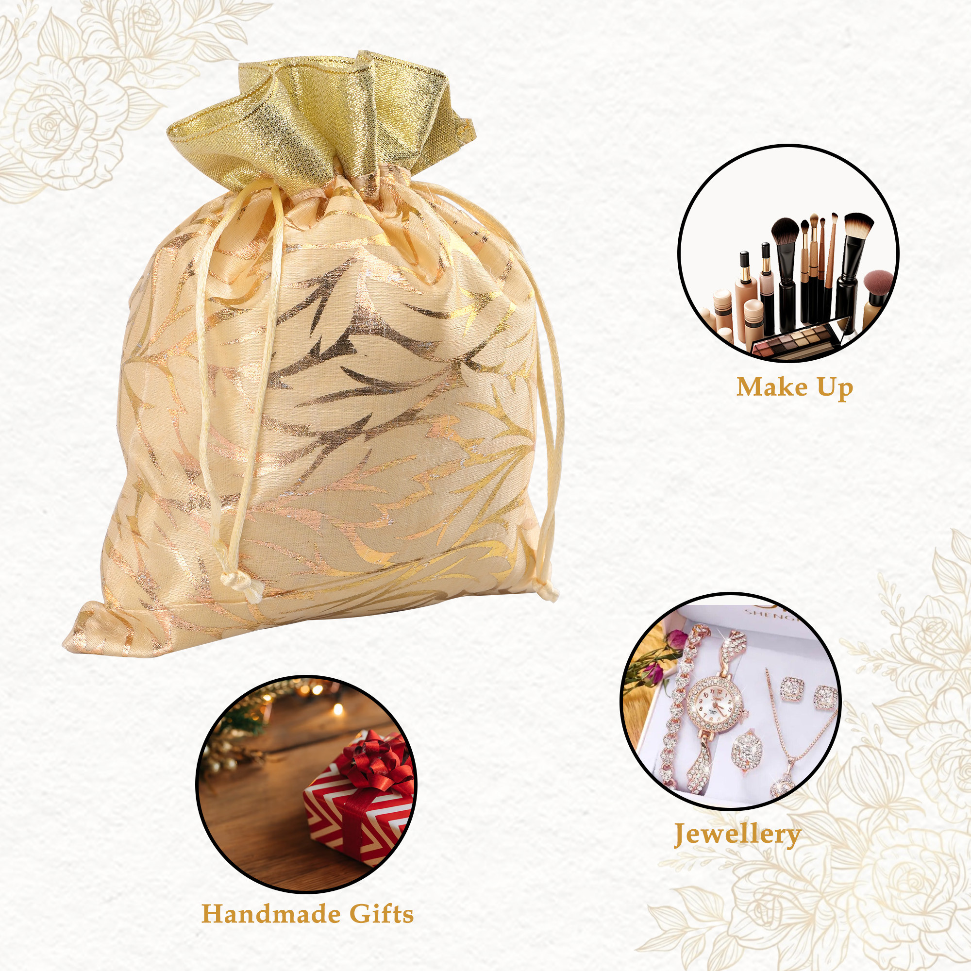 Kuber Industries 4 Pcs Potli Bag For Women  Girls  Return Gift  7x9 Inch Drawstring Potli - Ideal For Party Wedding  Events  Autmn Leaf Print - Cream