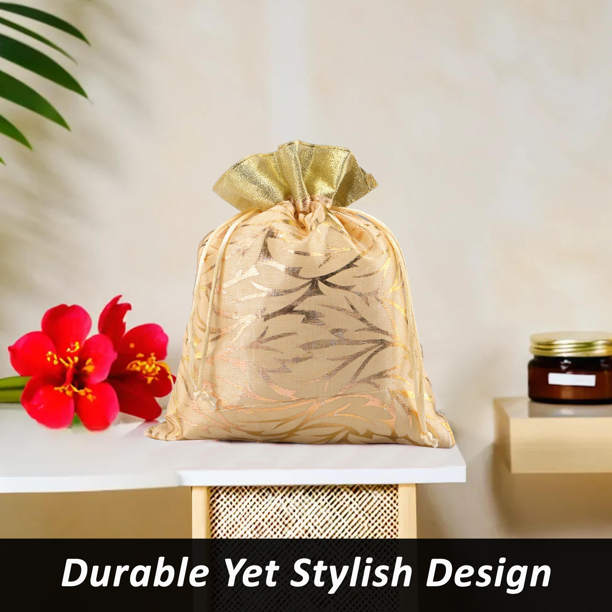 Kuber Industries 4 Pcs Potli Bag For Women  Girls  Return Gift  7x9 Inch Drawstring Potli - Ideal For Party Wedding  Events  Autmn Leaf Print - Cream