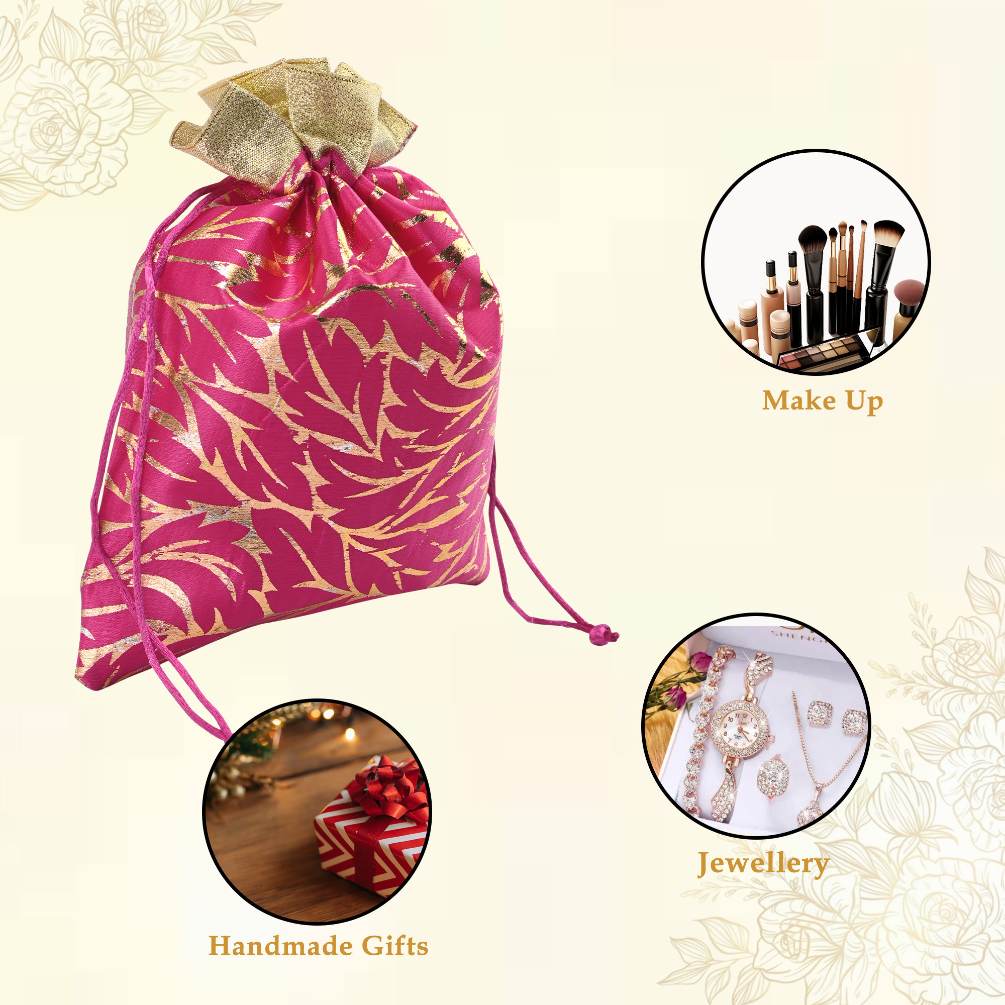 Kuber Industries 4 Pcs Potli Bag For Women  Girls  Return Gift  7x9 Inch Drawstring Potli - Ideal For Party Wedding  Events  Autmn Leaf Print - Rani