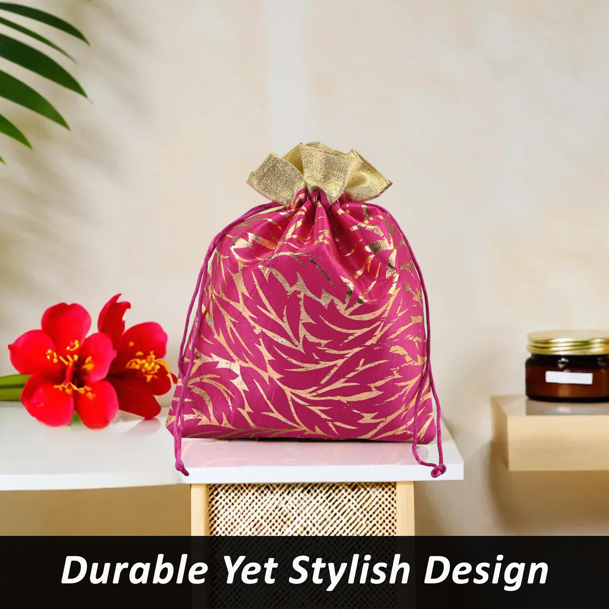 Kuber Industries 4 Pcs Potli Bag For Women  Girls  Return Gift  7x9 Inch Drawstring Potli - Ideal For Party Wedding  Events  Autmn Leaf Print - Rani