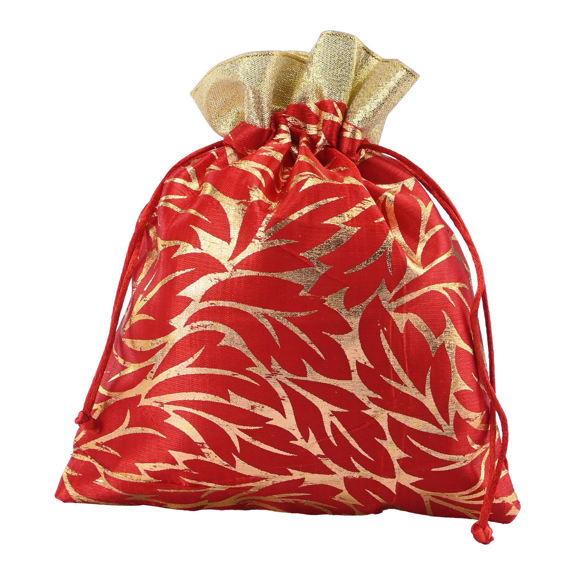 Kuber Industries 4 Pcs Potli Bag For Women  Girls  Return Gift  7x9 Inch Drawstring Potli - Ideal For Party Wedding  Events  Autmn Leaf Print - Red