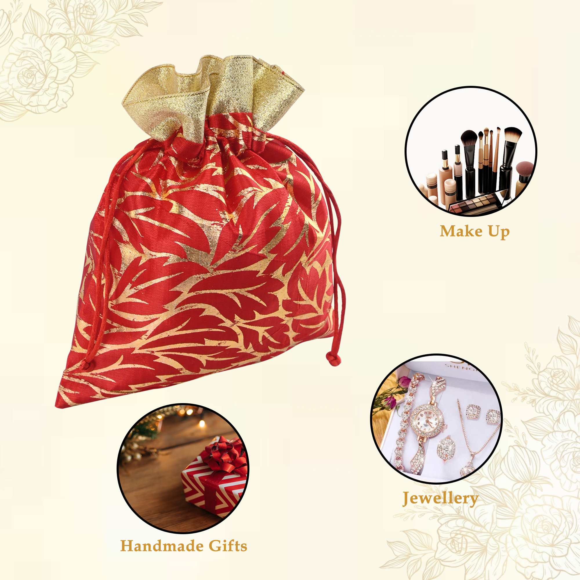 Kuber Industries 4 Pcs Potli Bag For Women  Girls  Return Gift  7x9 Inch Drawstring Potli - Ideal For Party Wedding  Events  Autmn Leaf Print - Red