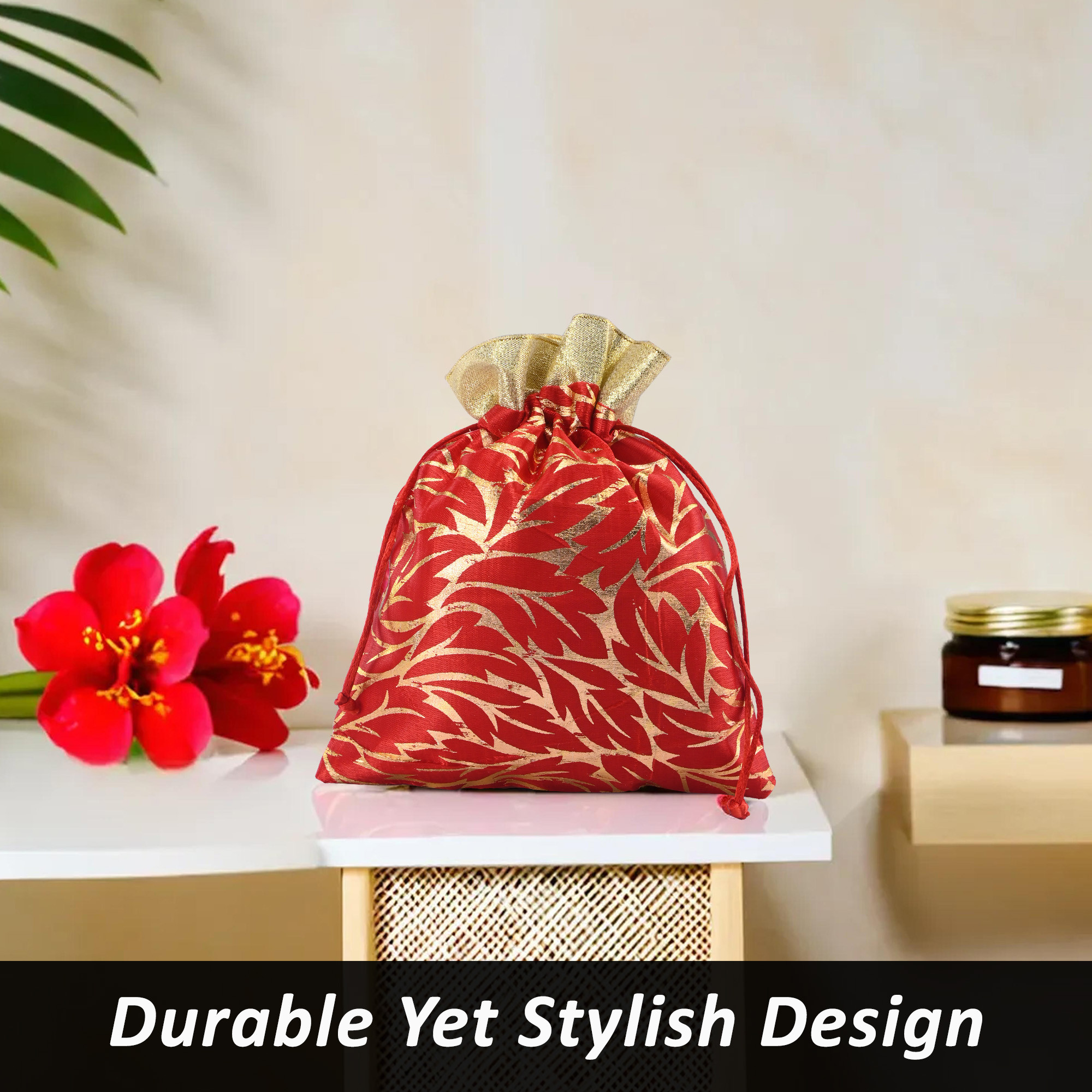 Kuber Industries 4 Pcs Potli Bag For Women  Girls  Return Gift  7x9 Inch Drawstring Potli - Ideal For Party Wedding  Events  Autmn Leaf Print - Red