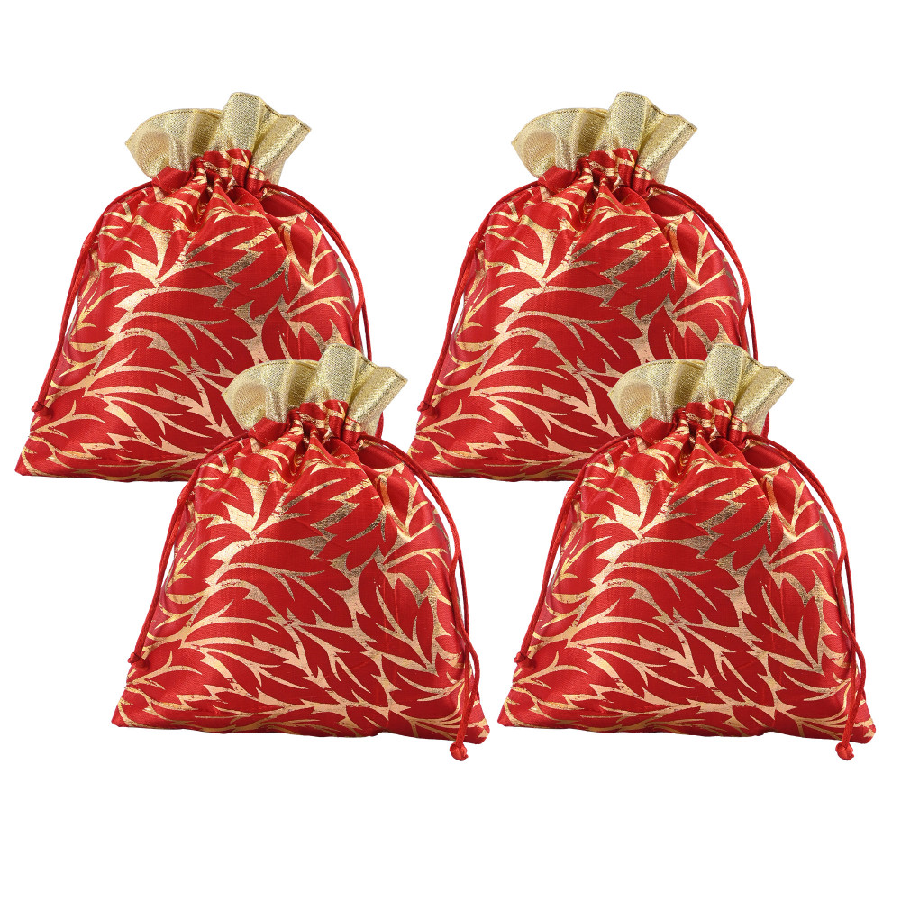 Image of Kuber Industries 4 Pcs Potli Bag For Women &amp; Girls | Return Gift | 7x9 Inch Drawstring Potli - Ideal For Party, Wedding &amp; Events | Autmn Leaf Print - Red