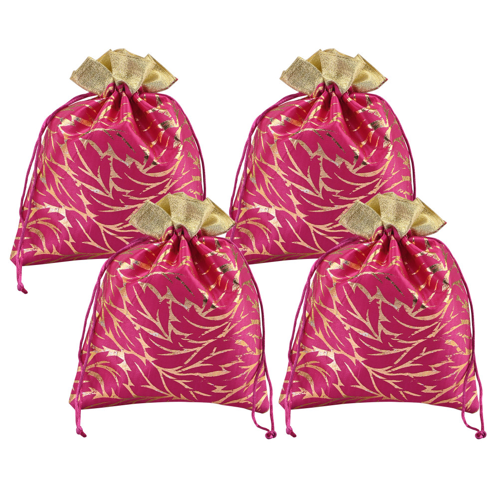 Image of Kuber Industries 4 Pcs Potli Bag For Women &amp; Girls | Return Gift | 7x9 Inch Drawstring Potli - Ideal For Party, Wedding &amp; Events | Autmn Leaf Print - Rani