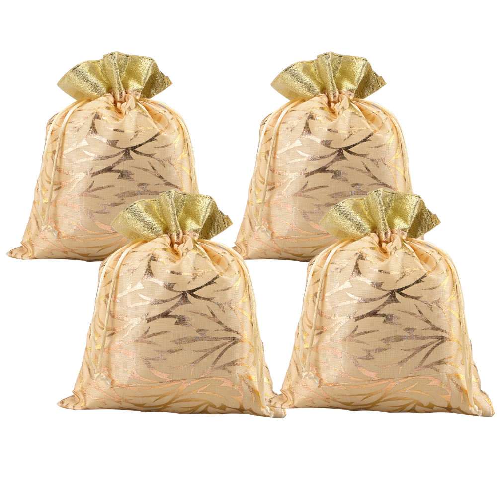 Image of Kuber Industries 4 Pcs Potli Bag For Women &amp; Girls | Return Gift | 7x9 Inch Drawstring Potli - Ideal For Party, Wedding &amp; Events | Autmn Leaf Print - Cream