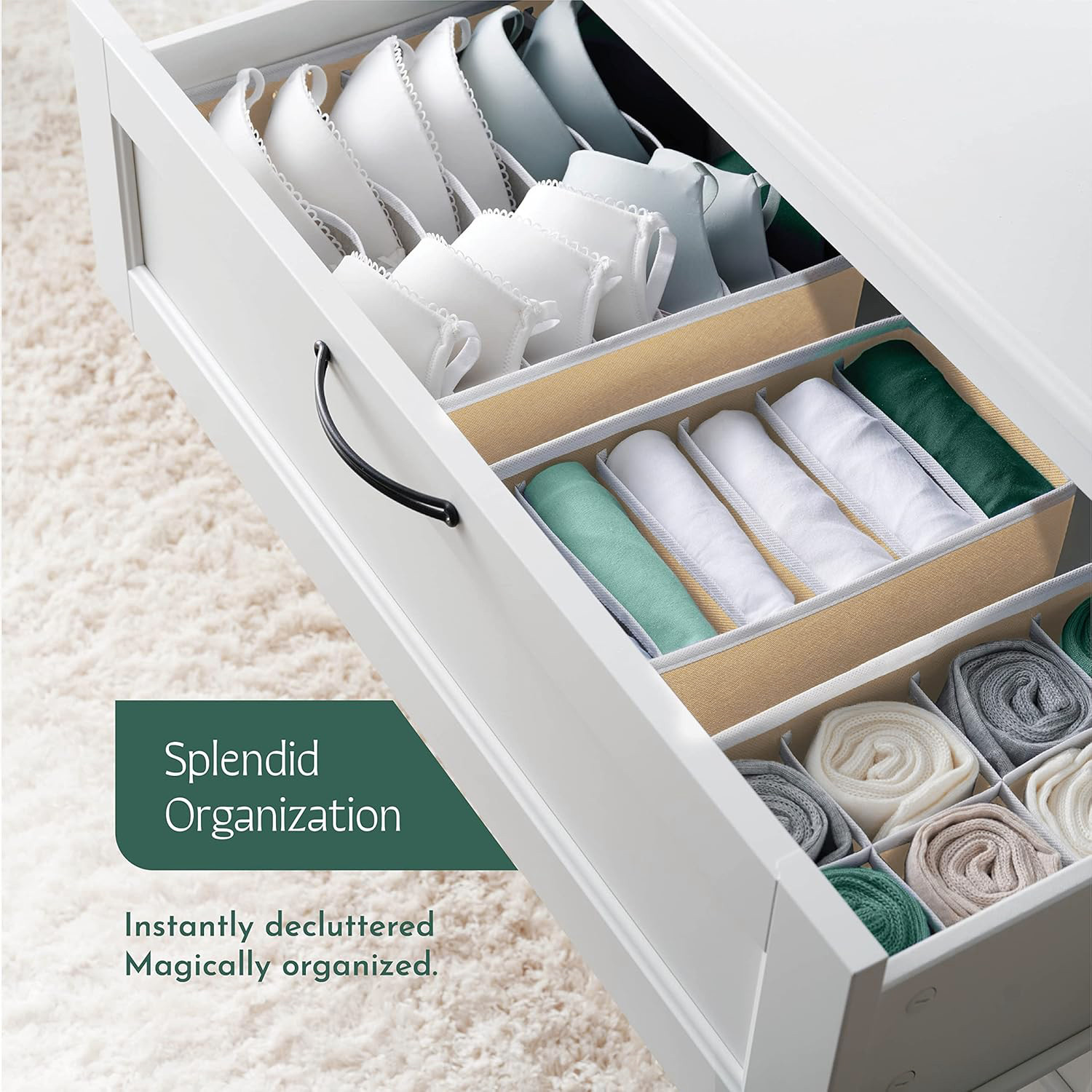 Kuber Industries 4 Pcs Set Foldable Multicompartment Socks Organizer for Wardrobe  Cloth Organizer for Storage  Tie Socks  Underwear Organisers Storage Box for Closet  Beige