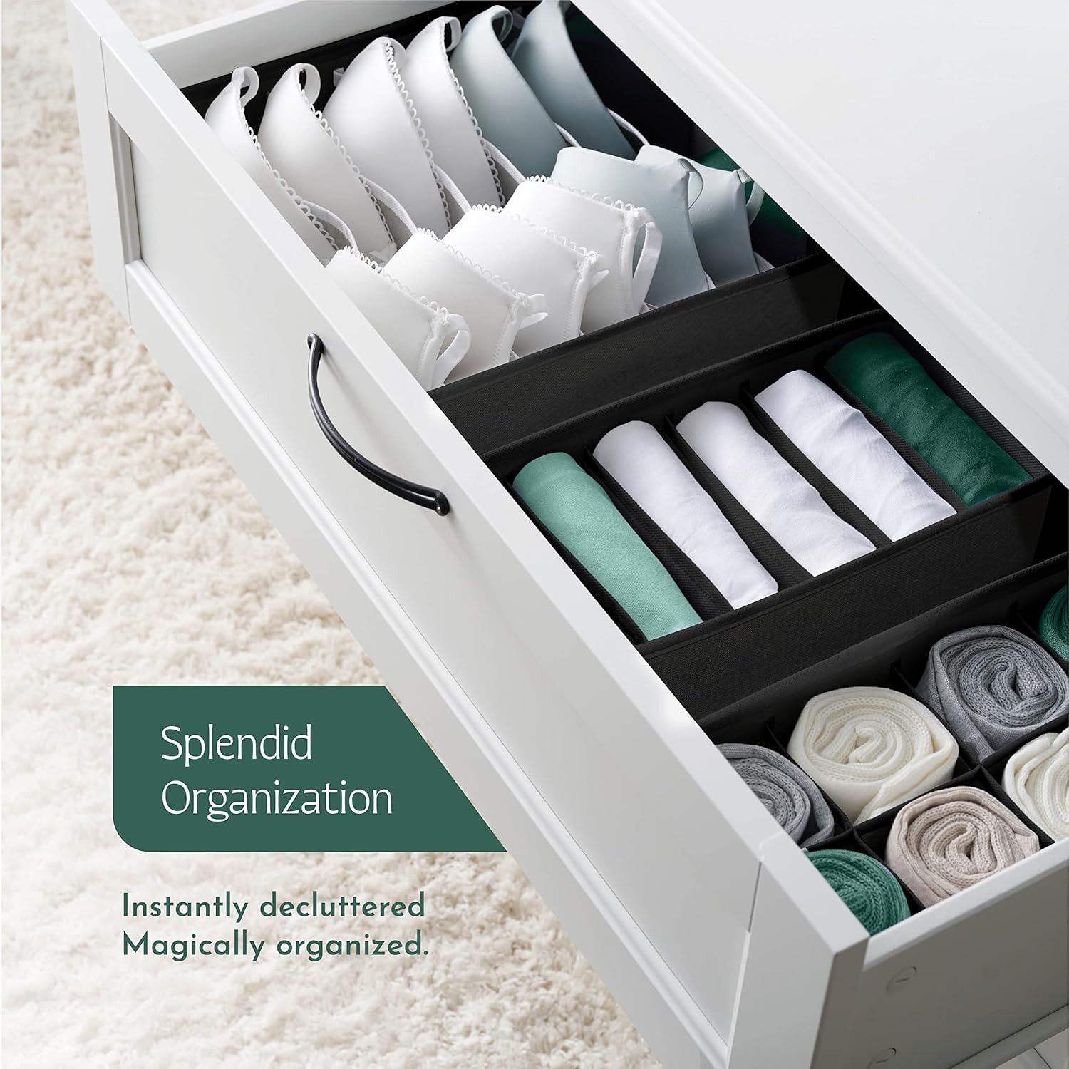 Kuber Industries 4 Pcs Set Foldable Multicompartment Socks Organizer for Wardrobe  Cloth Organizer for Storage  Tie Socks  Underwear Organisers Storage Box for Closet  Black