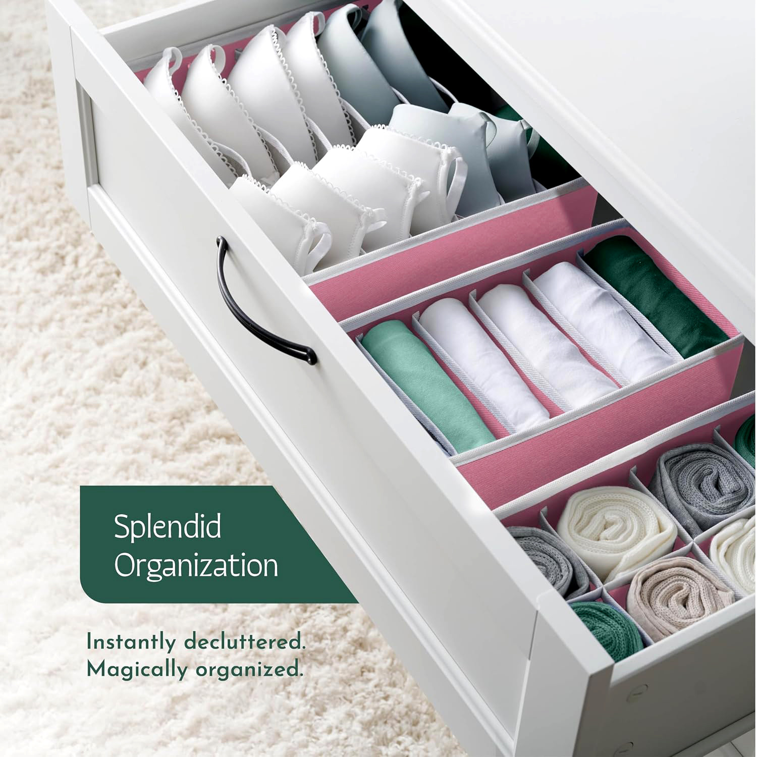 Kuber Industries 4 Pcs Set Foldable Multicompartment Socks Organizer for Wardrobe  Cloth Organizer for Storage  Tie Socks  Underwear Organisers Storage Box for Closet  Pink