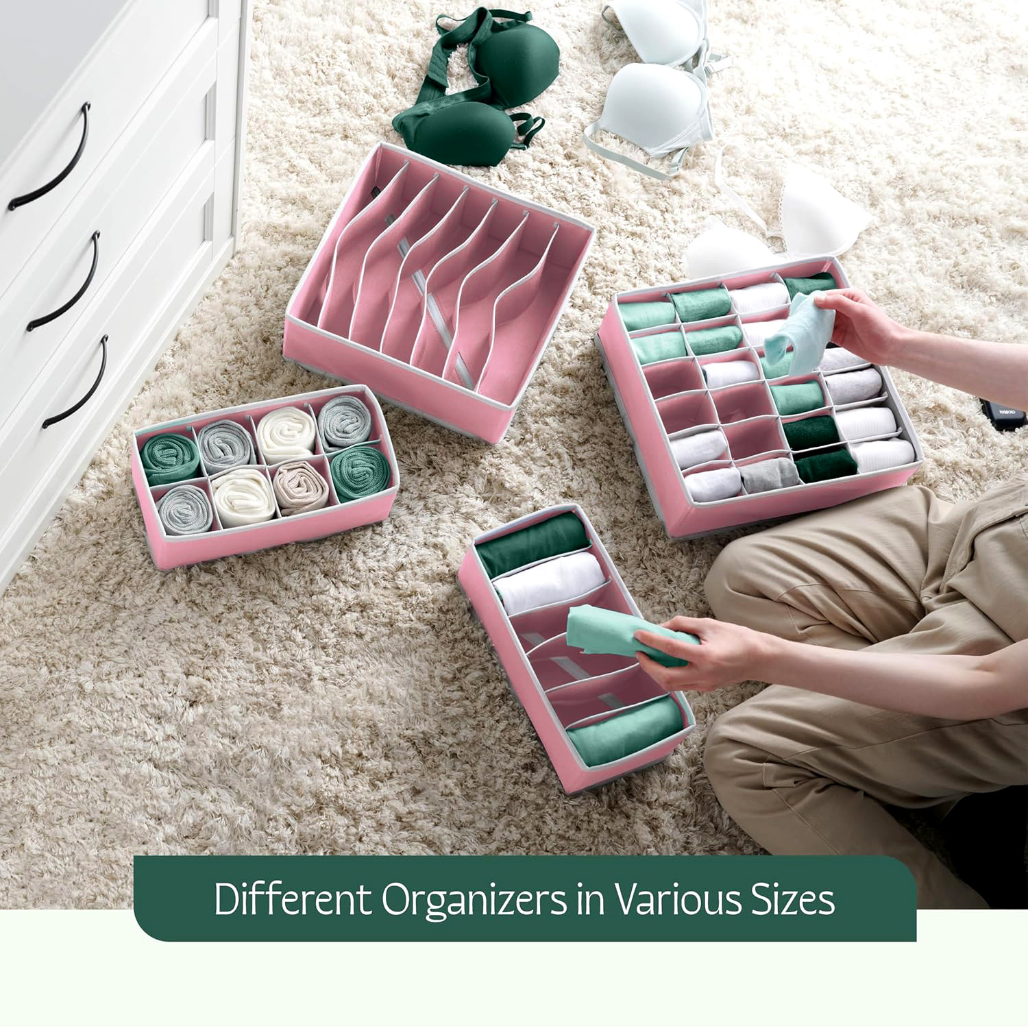 Kuber Industries 4 Pcs Set Foldable Multicompartment Socks Organizer for Wardrobe  Cloth Organizer for Storage  Tie Socks  Underwear Organisers Storage Box for Closet  Pink