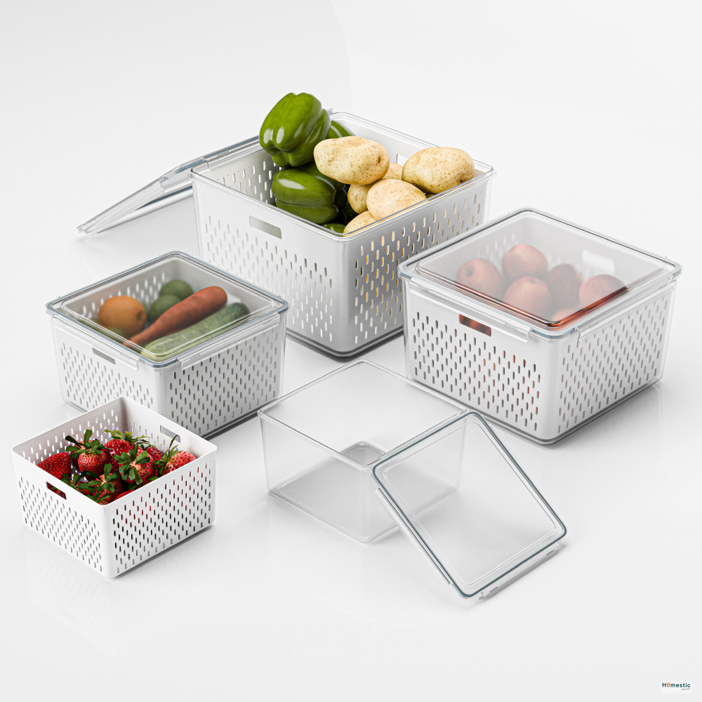 Image of Kuber Industries 4 Pcs Set Fridge Storage Containers with Removable Colander | Airtight and Leakproof Vegetable Storage Box for Refrigerator | (Size - 750Ml_1600Ml_2850Ml_4150Ml | Transparent
