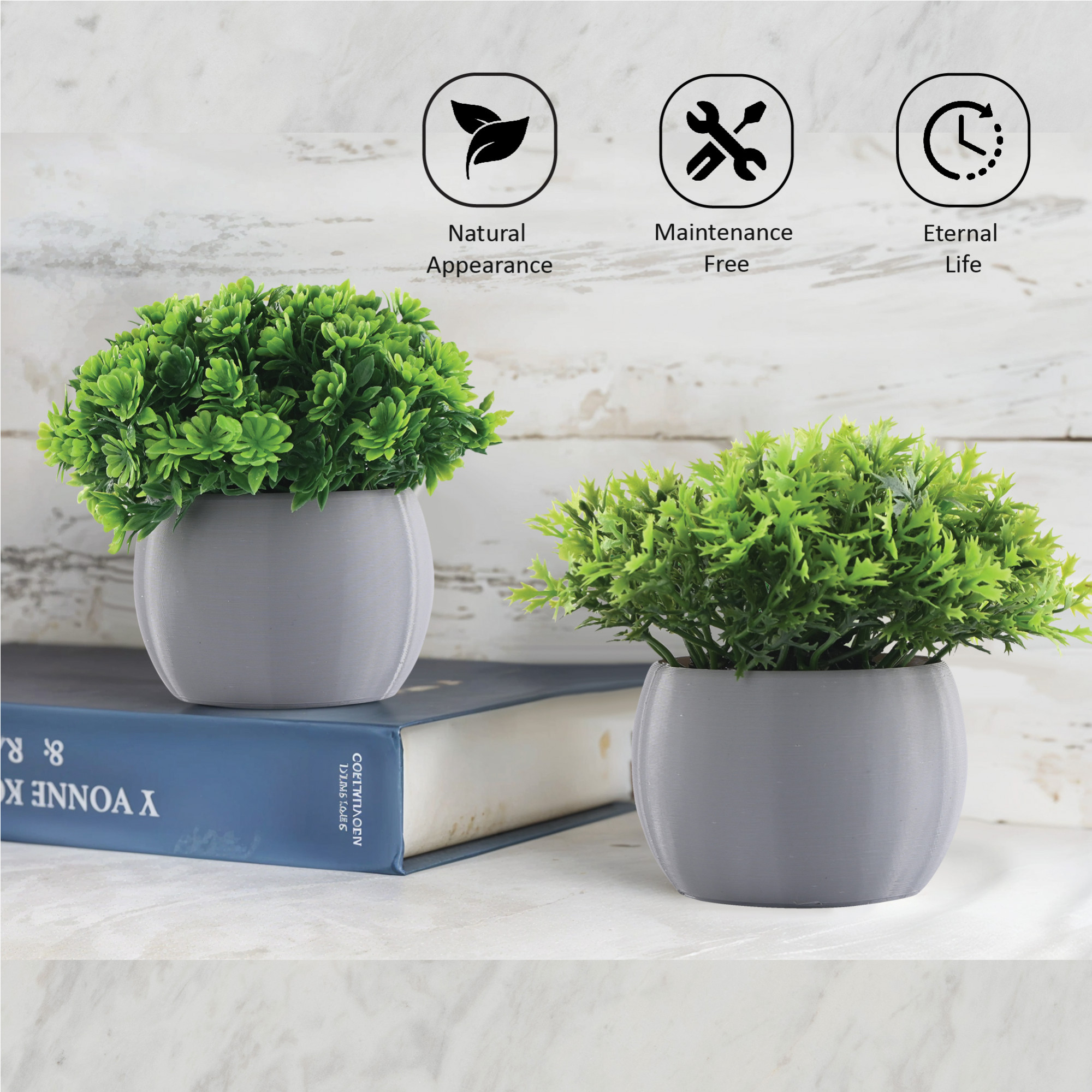 Kuber Industries 4 Pcs Set Plastic Mini Bonsai Artificial Plants with Pot  Table Top  TV Unit Decorative Items for Living Room  Faux Plants for Home Decor  Office Desk  Puffy - Grey