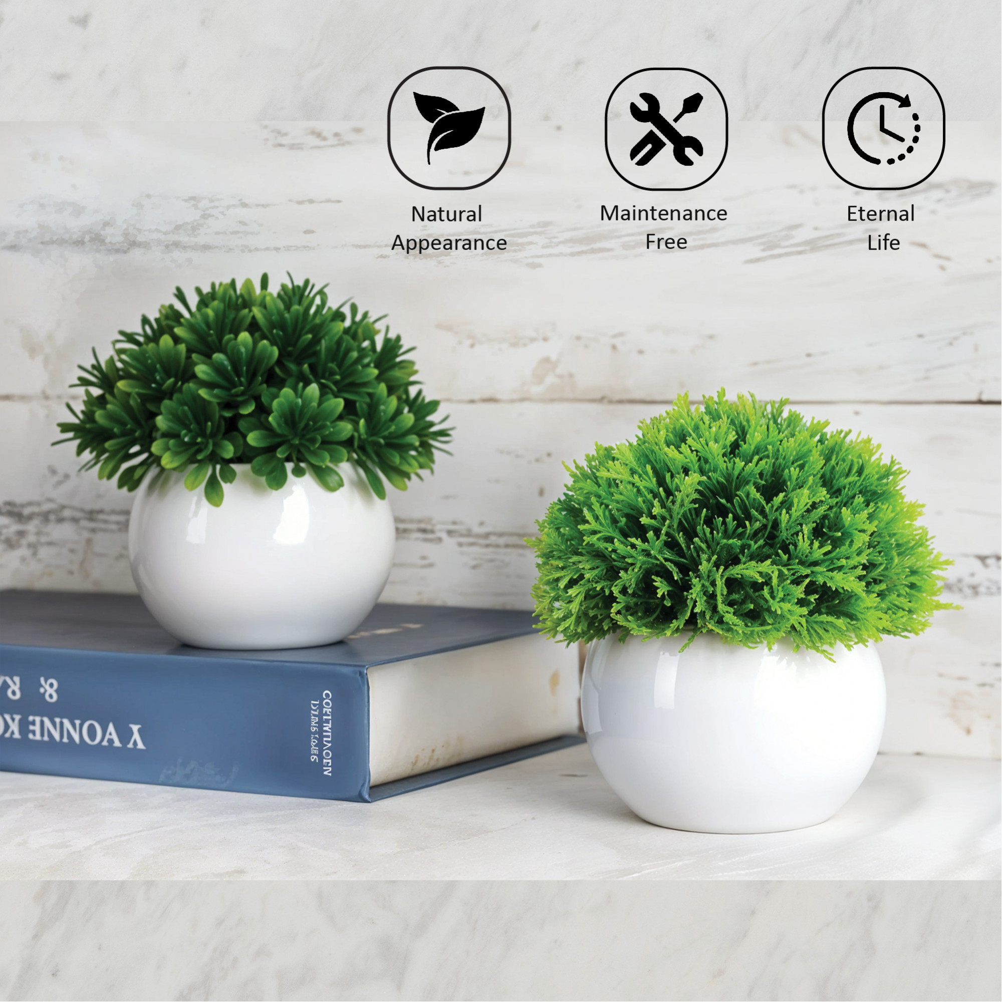 Kuber Industries 4 Pcs Set Plastic Mini Bonsai Artificial Plants with Pot  Table Top  TV Unit Decorative Items for Living Room  Faux Plants for Home Decor  Office Desk  Puffy - White