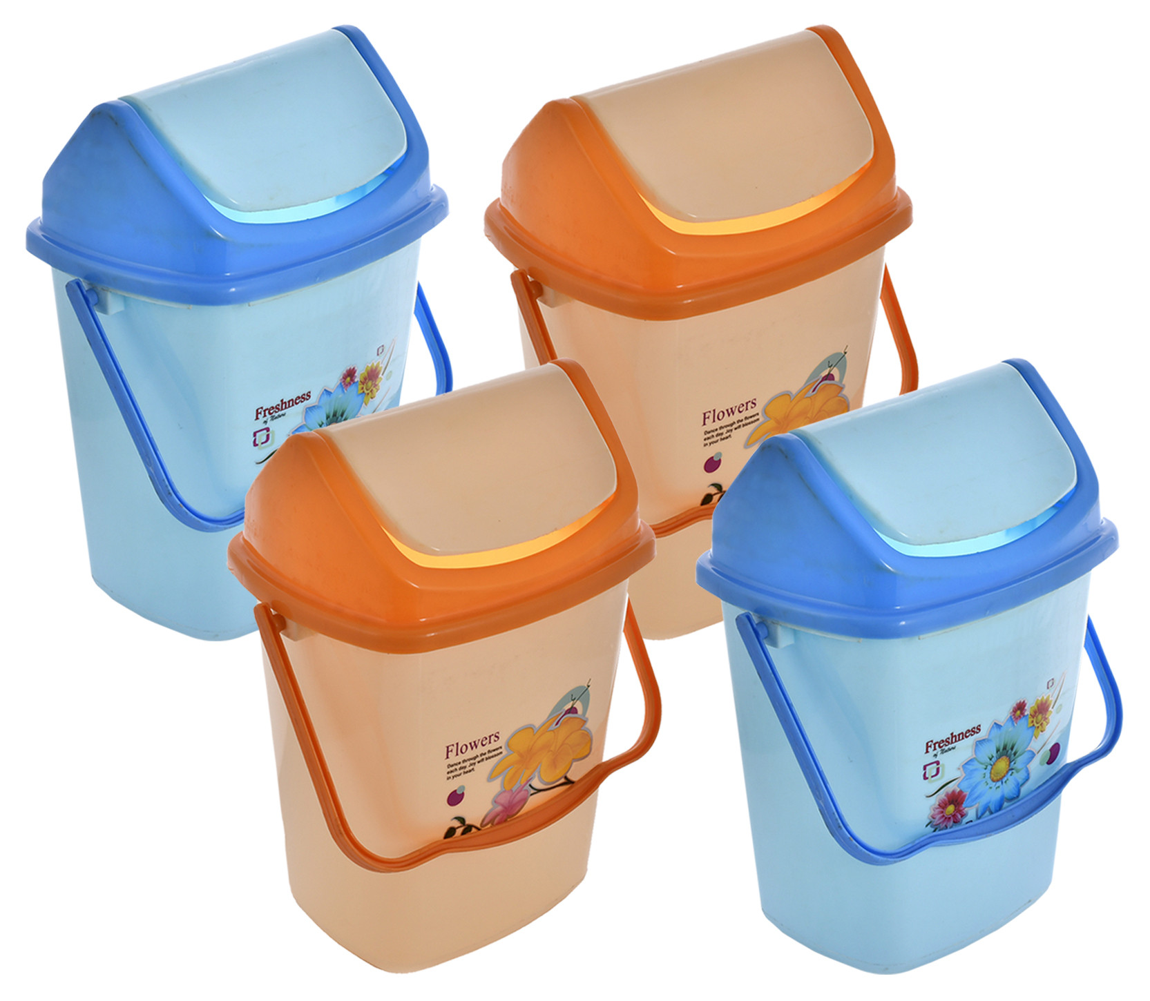 Kuber Industries 4 Pieces Pluto Plastic Swing Printed Garbage Waste Dustbin for Home, Office with Handle, 5 Liters (Cream & Blue)-KUBMART3112