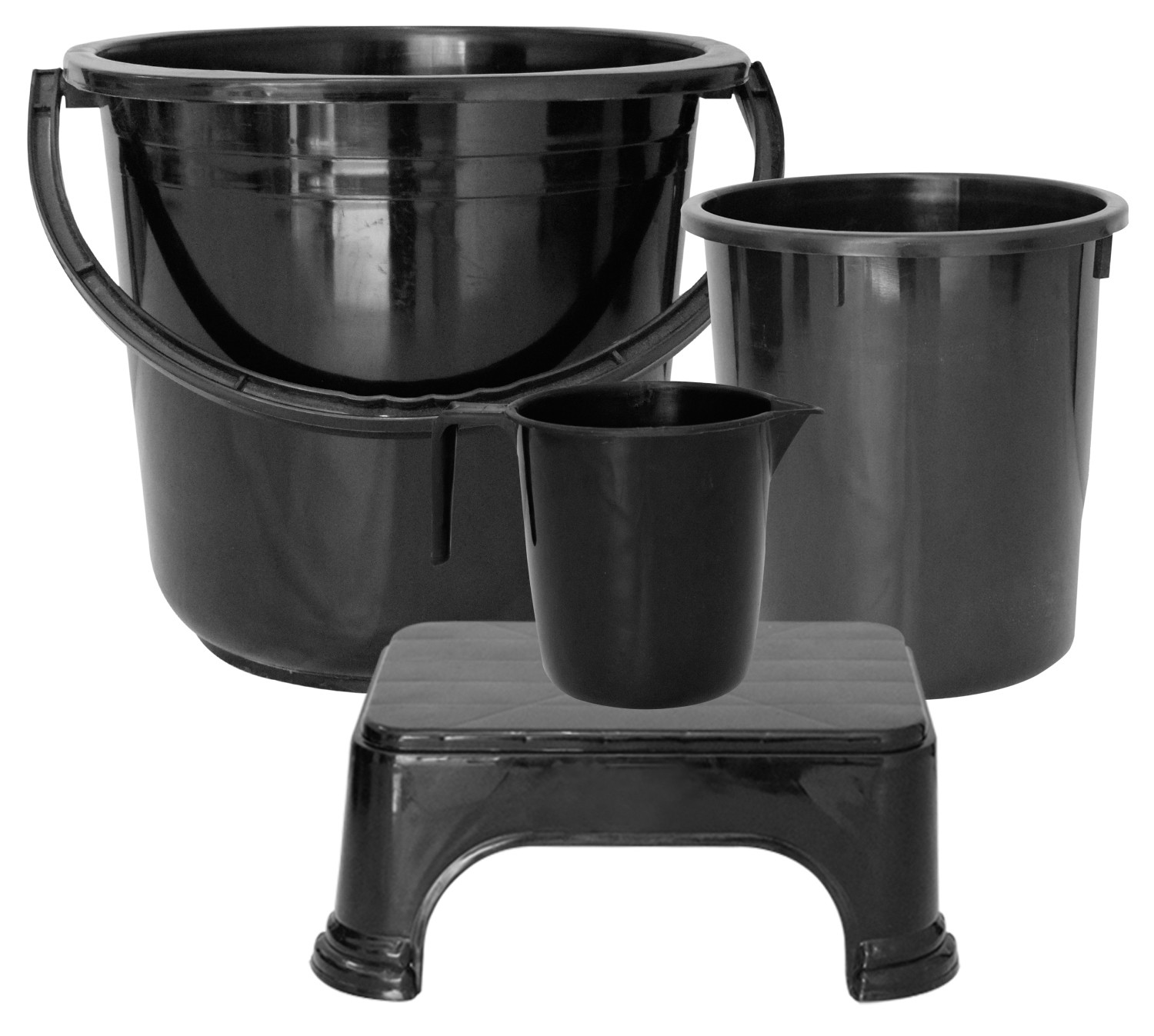 Kuber Industries 4 Pieces Unbreakable Virgin Plastic Multipurpose Bucket, Dustbin, Mug & Stool Set (Black)