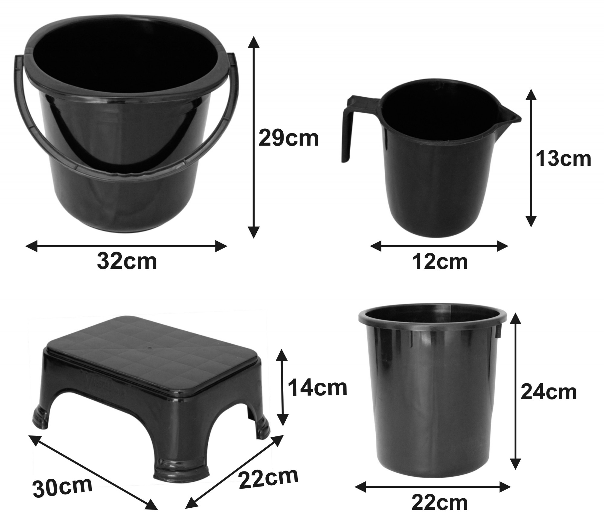 Kuber Industries 4 Pieces Unbreakable Virgin Plastic Multipurpose Bucket, Dustbin, Mug & Stool Set (Black)
