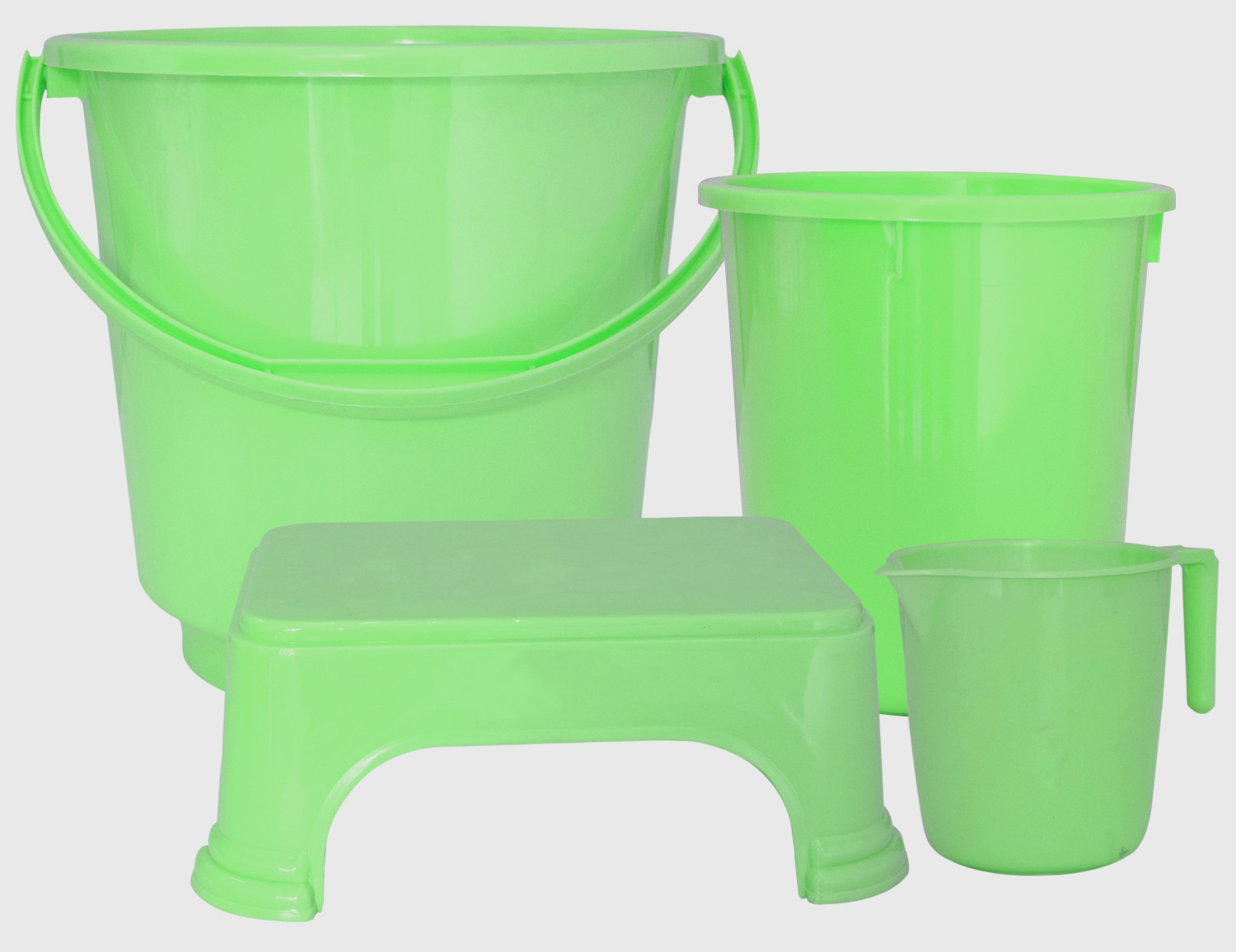 Kuber Industries 4 Pieces Unbreakable Virgin Plastic Multipurpose Bucket, Dustbin, Mug & Stool Set (Green)