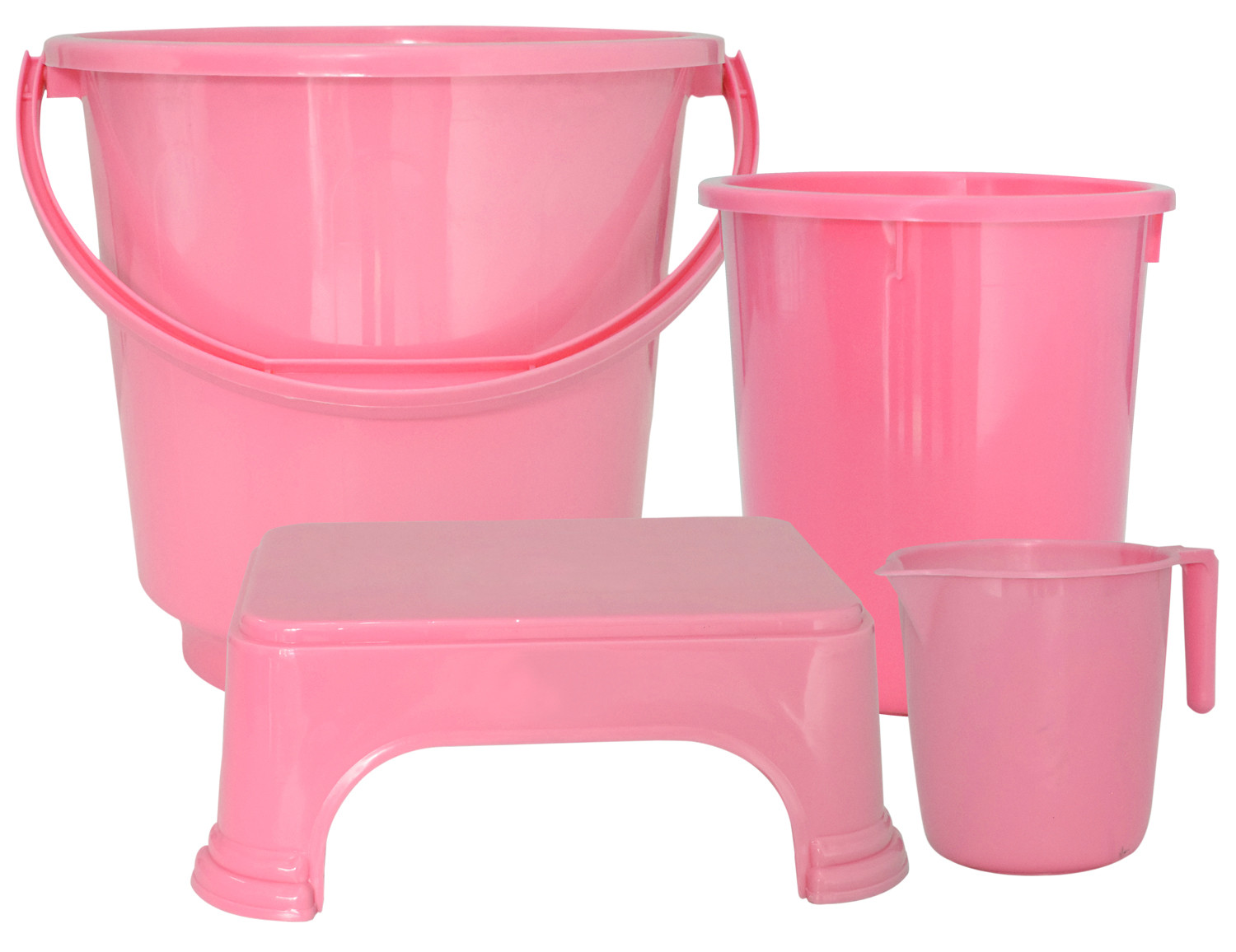 Kuber Industries 4 Pieces Unbreakable Virgin Plastic Multipurpose Bucket, Dustbin, Mug & Stool Set (Pink)