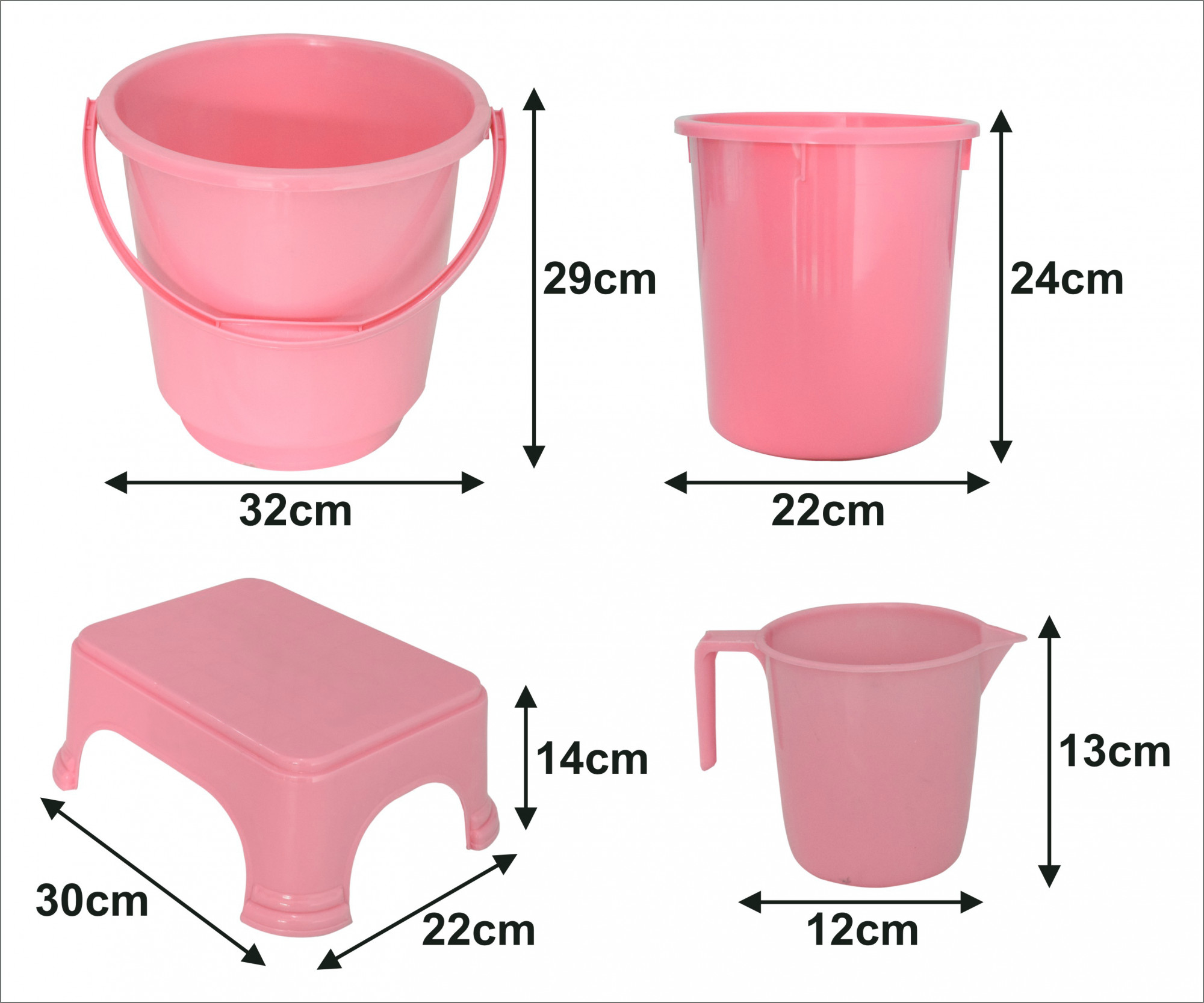 Kuber Industries 4 Pieces Unbreakable Virgin Plastic Multipurpose Bucket, Dustbin, Mug & Stool Set (Pink)