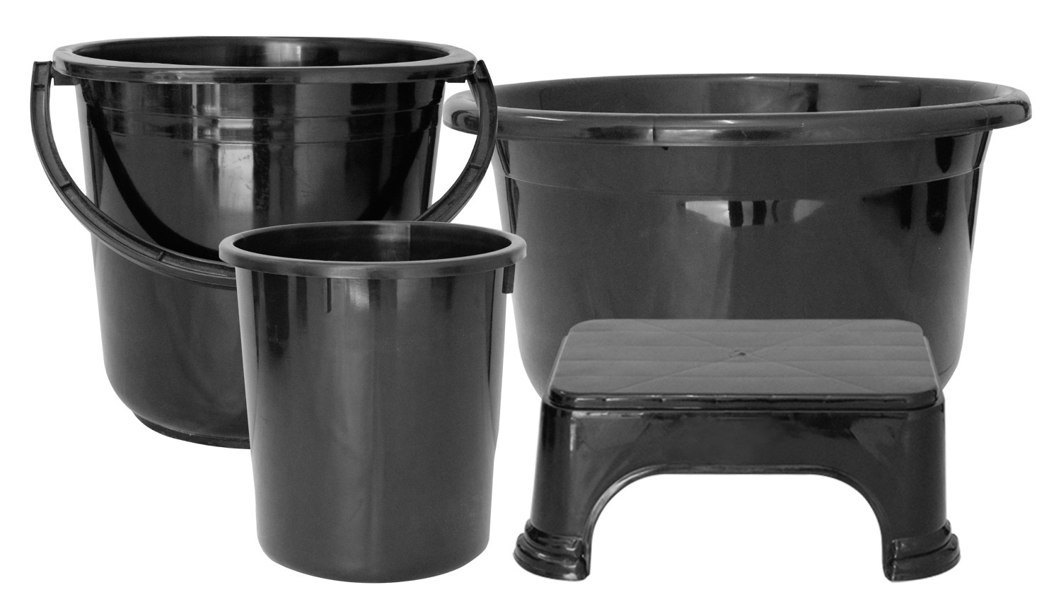 Kuber Industries 4 Pieces Unbreakable Virgin Plastic Multipurpose Bucket, Stool, Dustbin & Tub Set (Black)