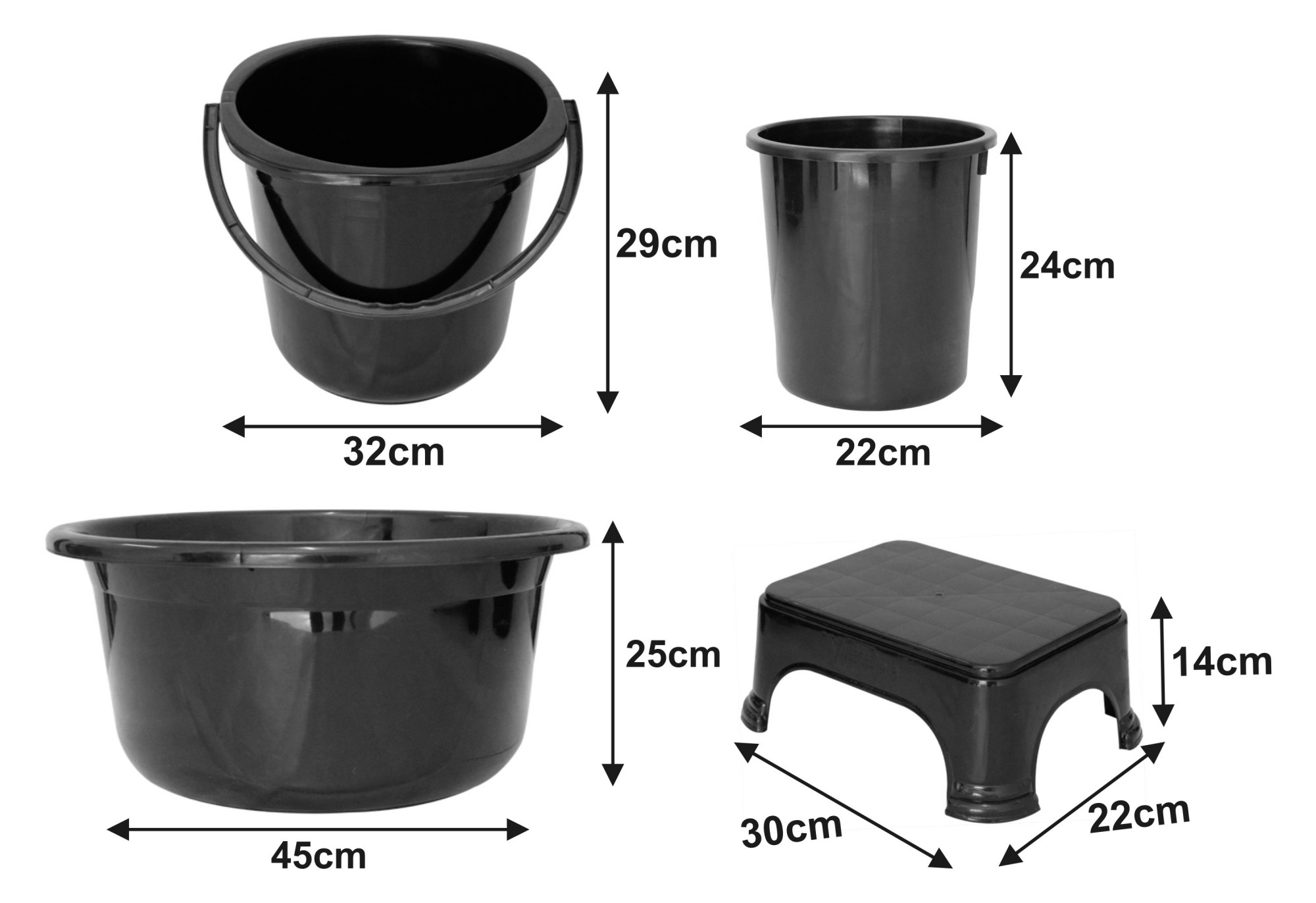 Kuber Industries 4 Pieces Unbreakable Virgin Plastic Multipurpose Bucket, Stool, Dustbin & Tub Set (Black)