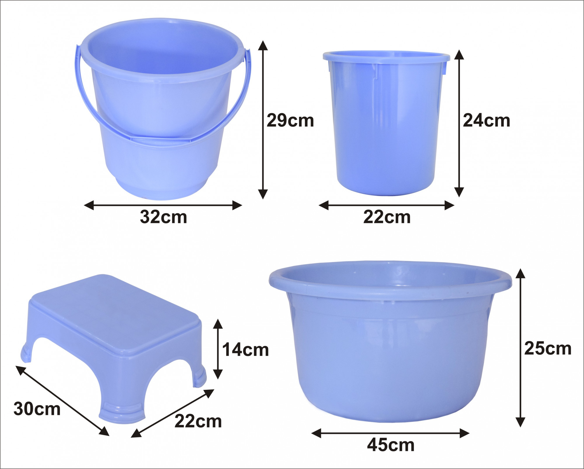 Kuber Industries 4 Pieces Unbreakable Virgin Plastic Multipurpose Bucket, Stool, Dustbin & Tub Set (Blue)
