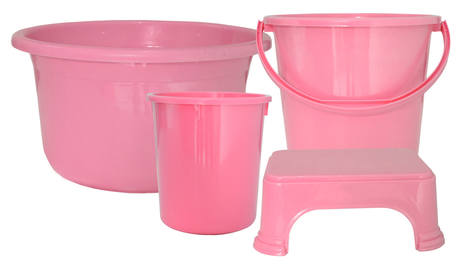 Kuber Industries 4 Pieces Unbreakable Virgin Plastic Multipurpose Bucket, Stool, Dustbin & Tub Set (Pink)