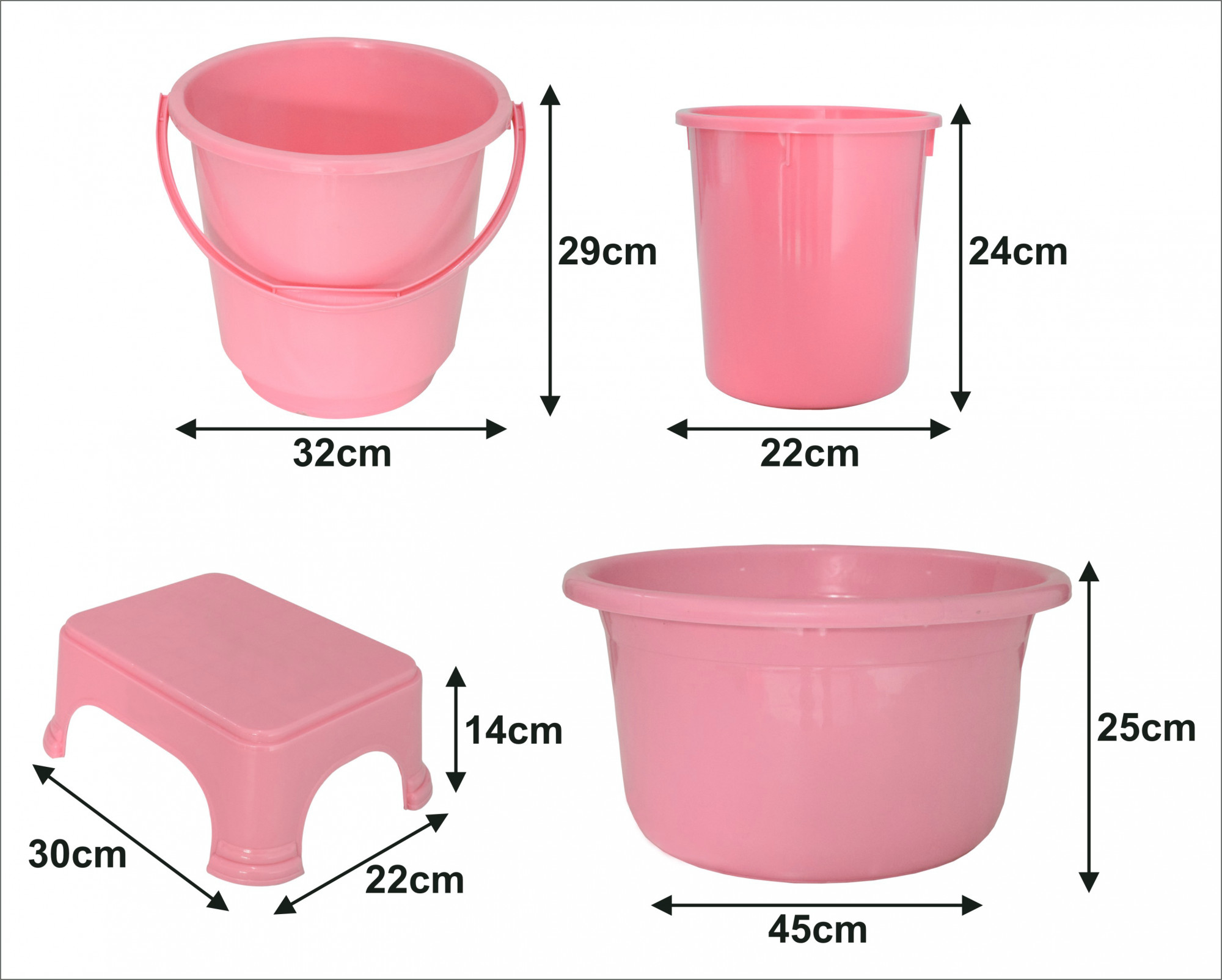 Kuber Industries 4 Pieces Unbreakable Virgin Plastic Multipurpose Bucket, Stool, Dustbin & Tub Set (Pink)