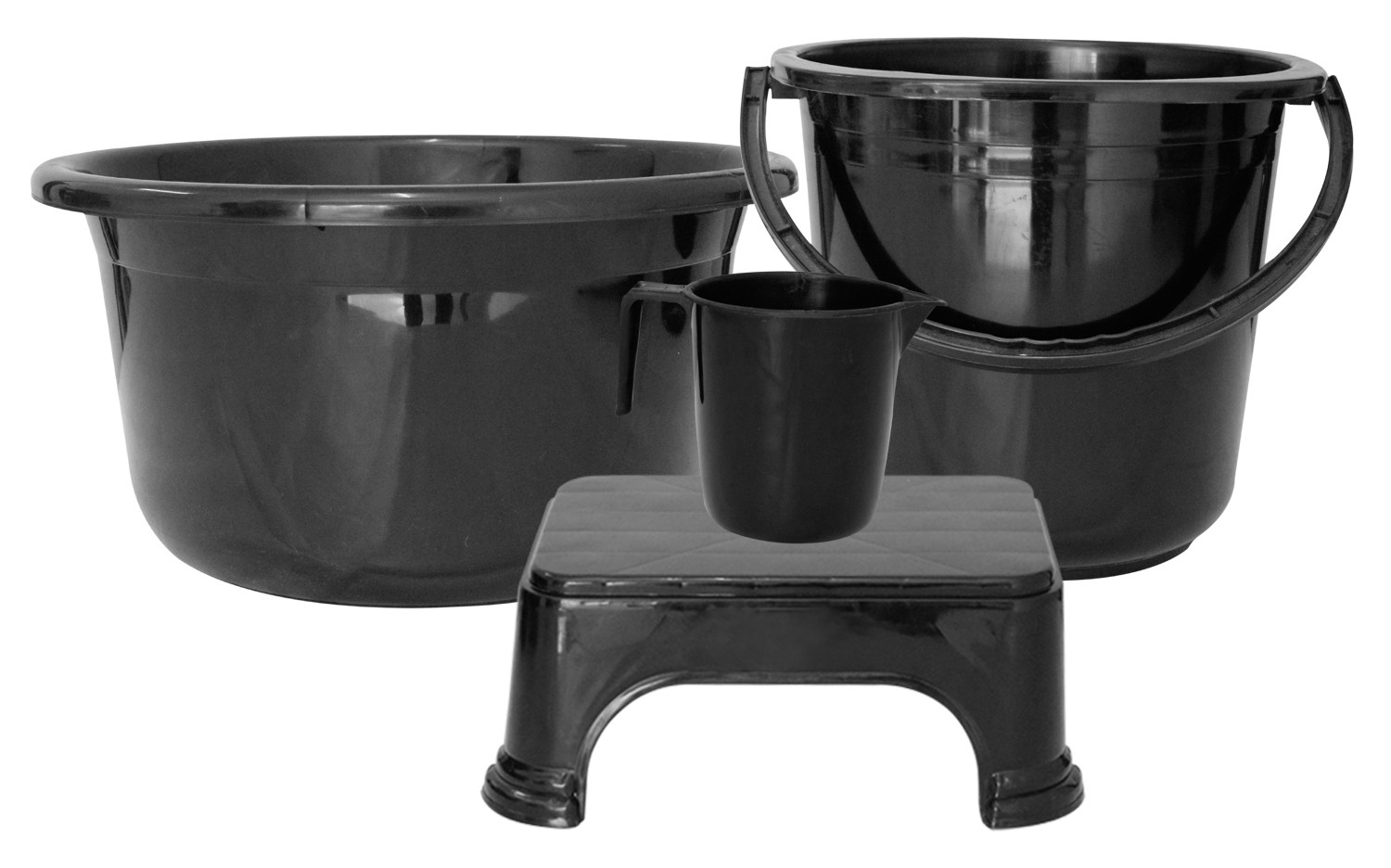 Kuber Industries 4 Pieces Unbreakable Virgin Plastic Multipurpose Bucket Stool Mug  Tub Set Black