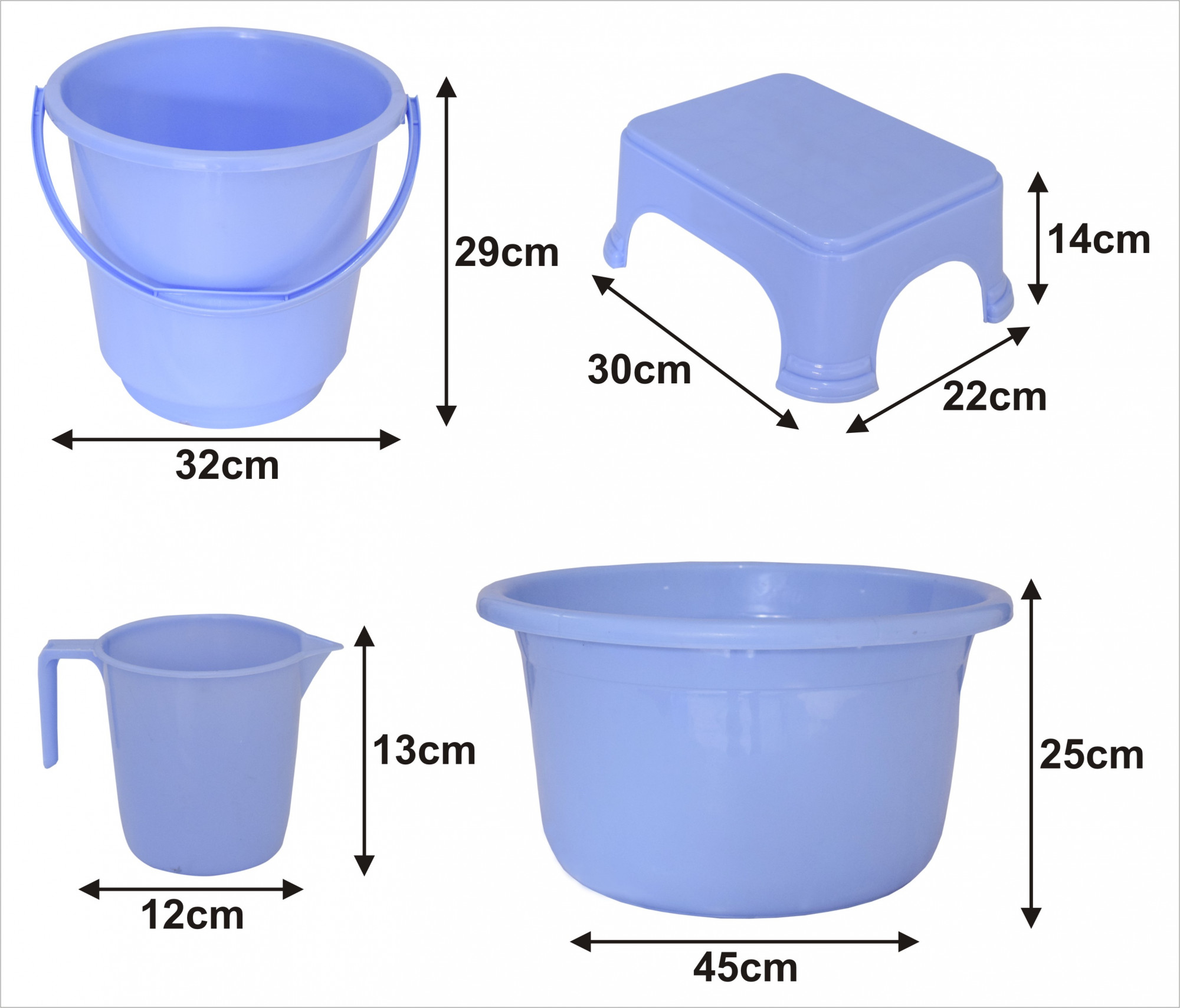 Kuber Industries 4 Pieces Unbreakable Virgin Plastic Multipurpose Bucket, Stool, Mug & Tub Set (Blue)