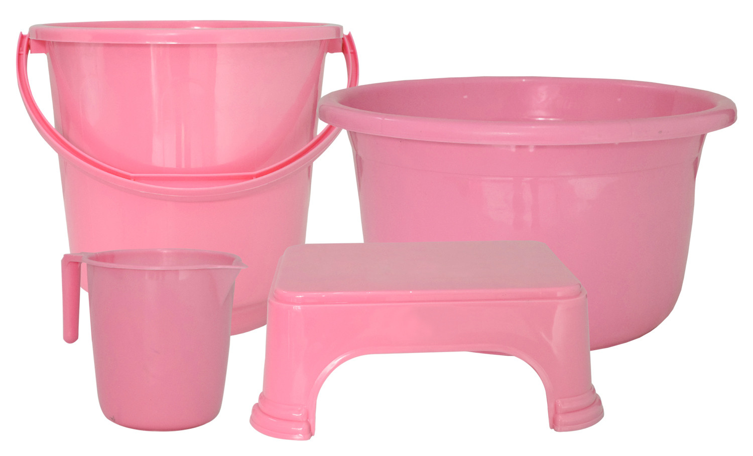 Kuber Industries 4 Pieces Unbreakable Virgin Plastic Multipurpose Bucket, Stool, Mug & Tub Set (Pink)