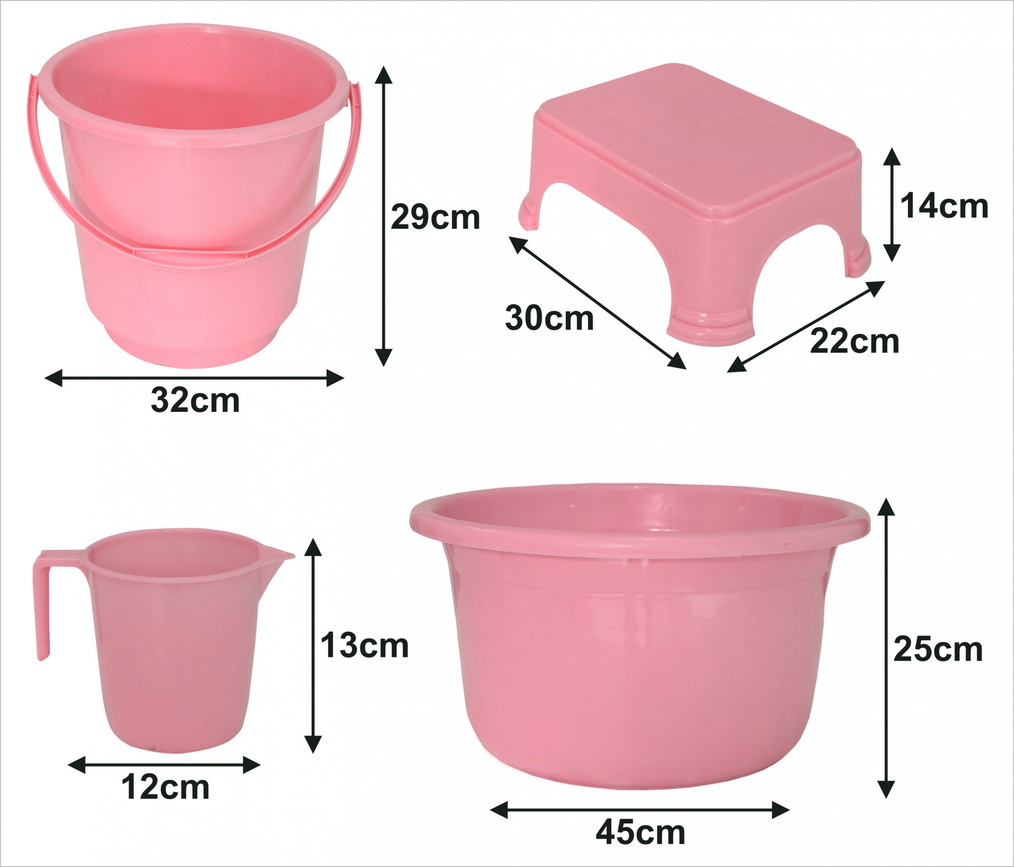 Kuber Industries 4 Pieces Unbreakable Virgin Plastic Multipurpose Bucket, Stool, Mug & Tub Set (Pink)