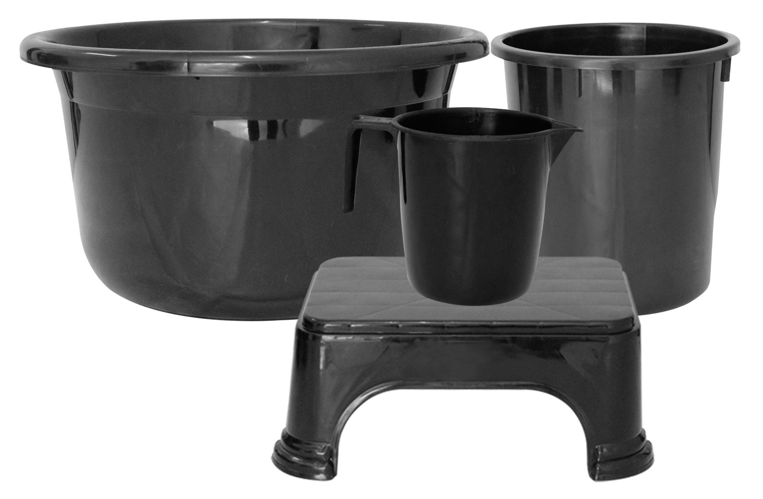 Kuber Industries 4 Pieces Unbreakable Virgin Plastic Multipurpose Mug, Stool, Dustbin & Tub Set (Black)