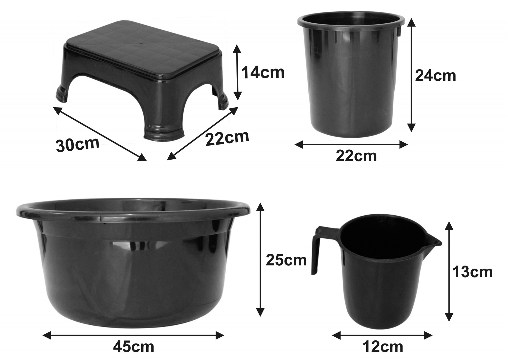 Kuber Industries 4 Pieces Unbreakable Virgin Plastic Multipurpose Mug, Stool, Dustbin & Tub Set (Black)
