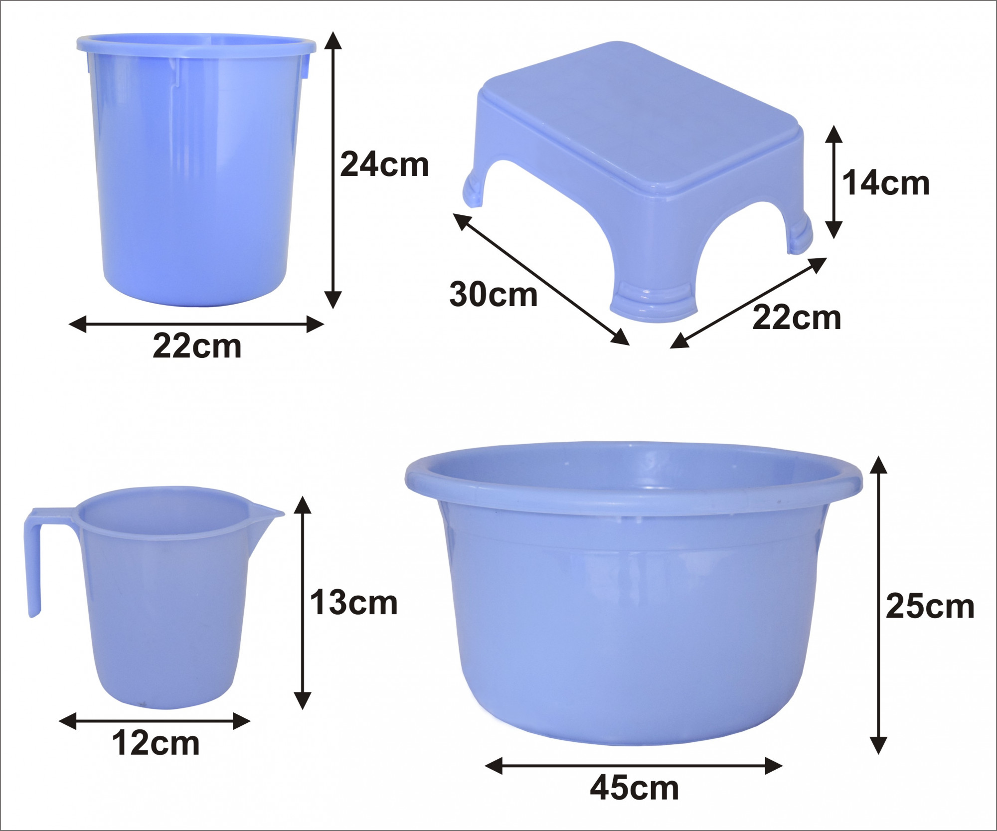 Kuber Industries 4 Pieces Unbreakable Virgin Plastic Multipurpose Mug, Stool, Dustbin & Tub Set (Blue)