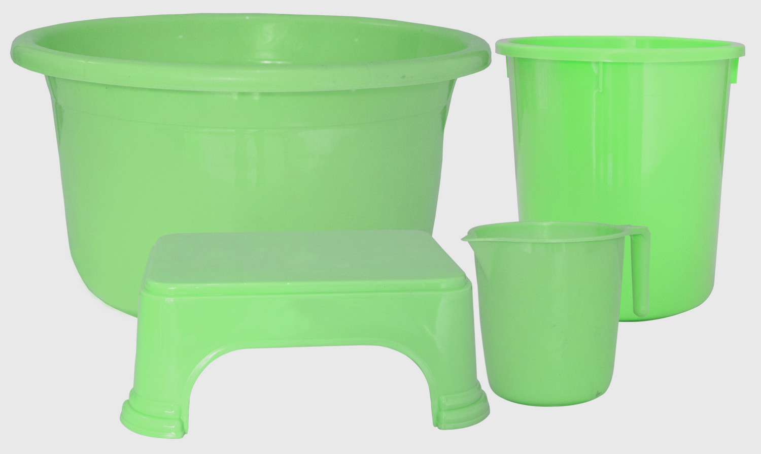 Kuber Industries 4 Pieces Unbreakable Virgin Plastic Multipurpose Mug, Stool, Dustbin & Tub Set (Green)