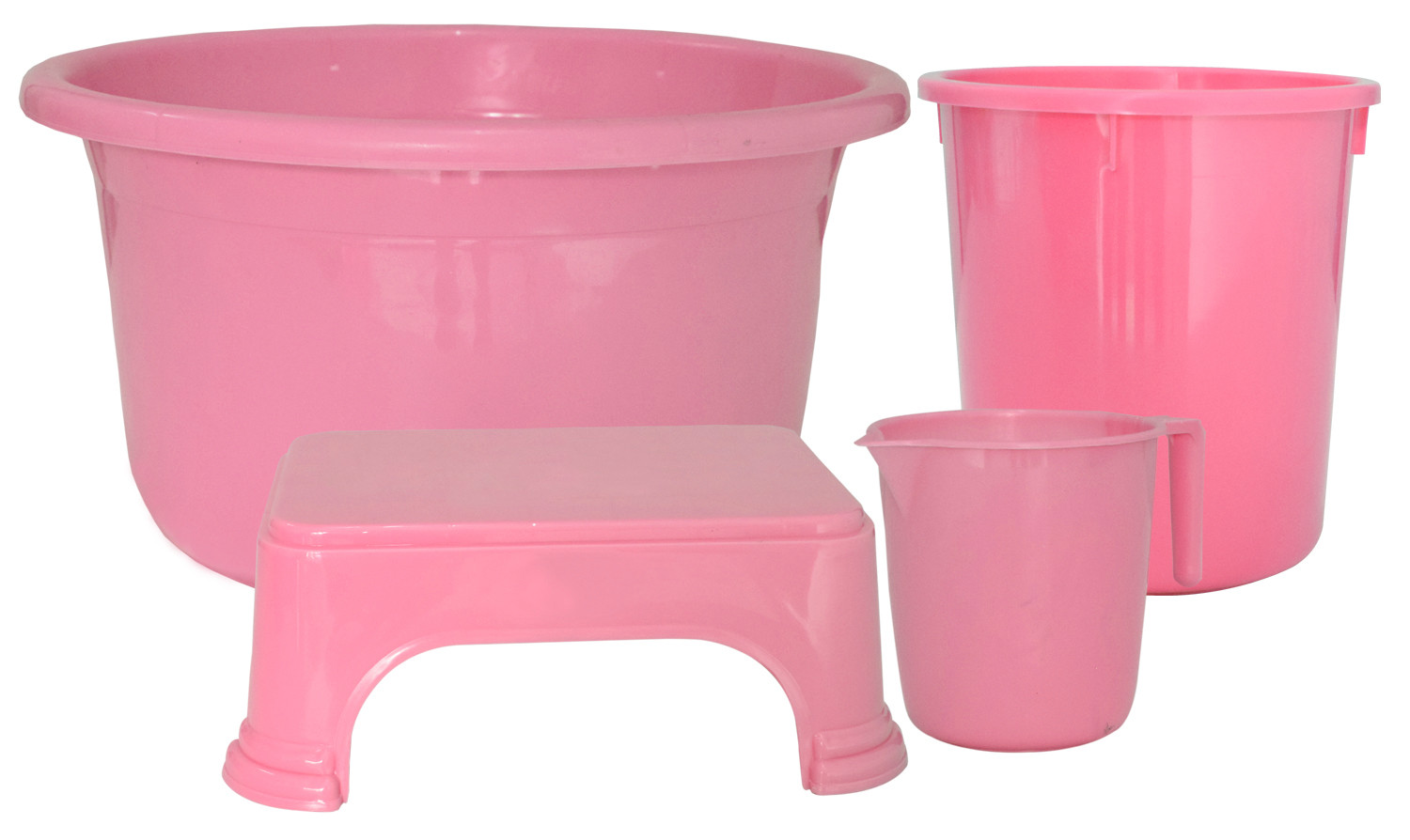 Kuber Industries 4 Pieces Unbreakable Virgin Plastic Multipurpose Mug, Stool, Dustbin & Tub Set (Pink)